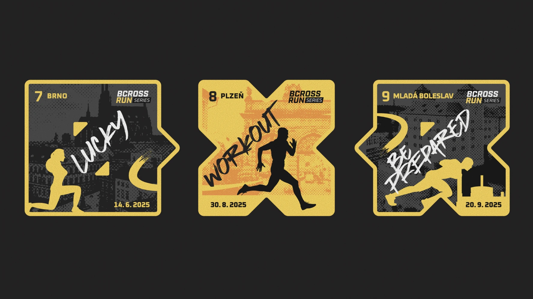 Three Bcross Run X-shaped event medals in a row — Brno Lucky, Plzeň Workout, Mladá Boleslav Be Prepared