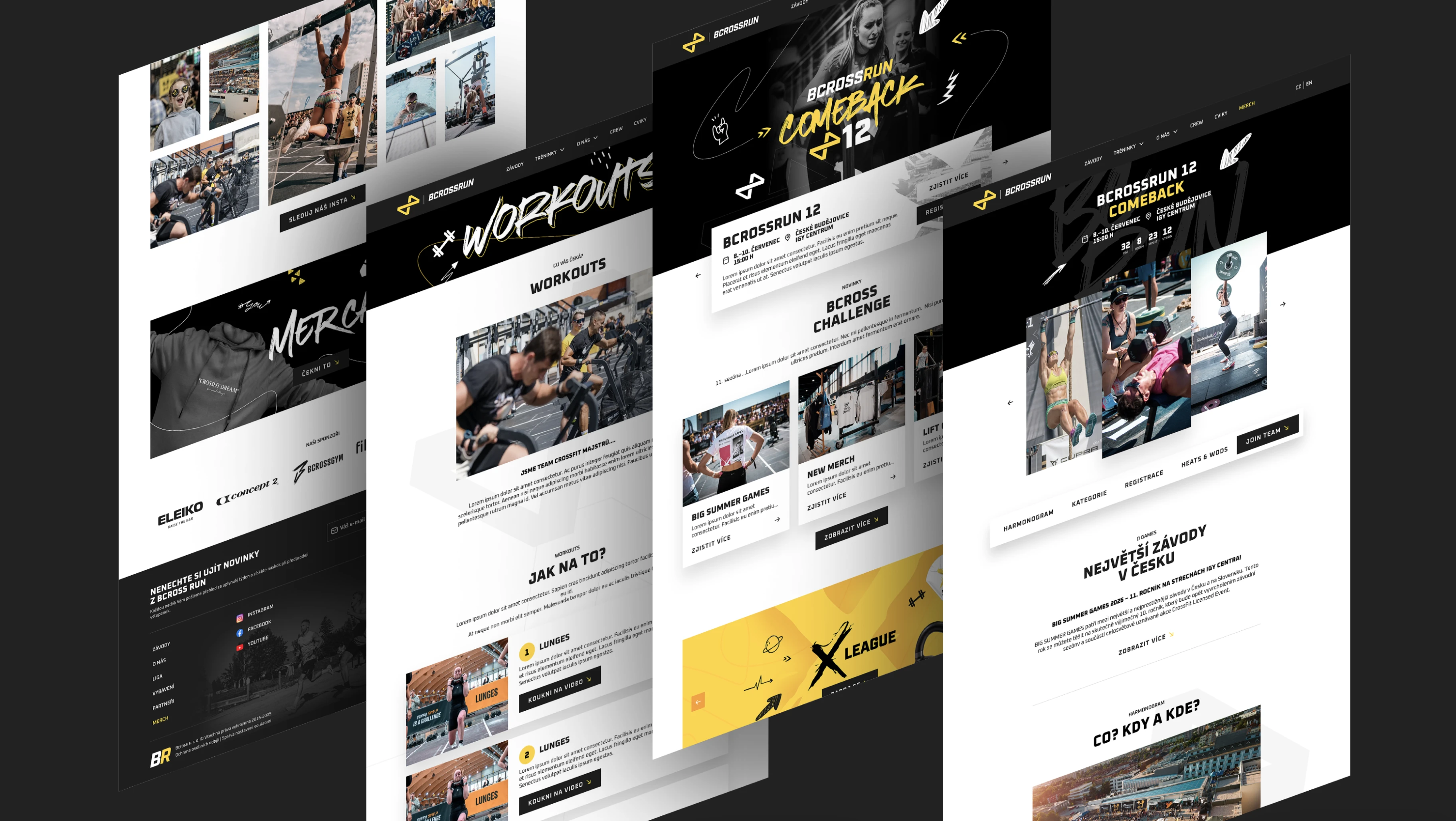 Bcrossrun website screen layouts — Workouts, Bcrossrun 12 event and Comeback hero designs angled on a black backdrop