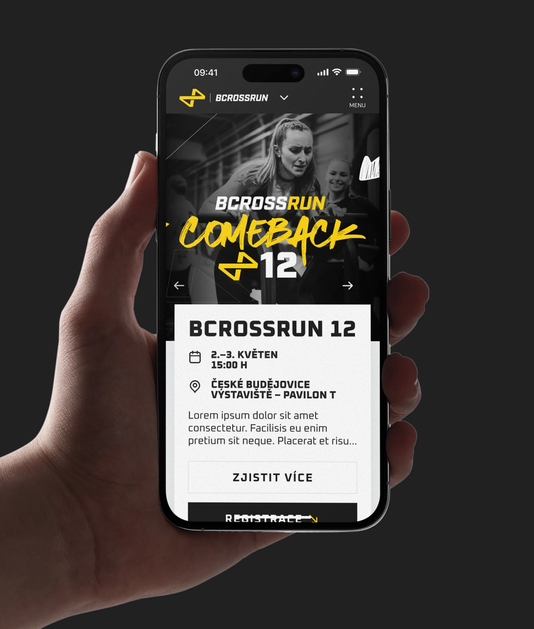 Bcrossrun Comeback 12 mobile design — phone in hand showing event hero with date, venue and registration sheet