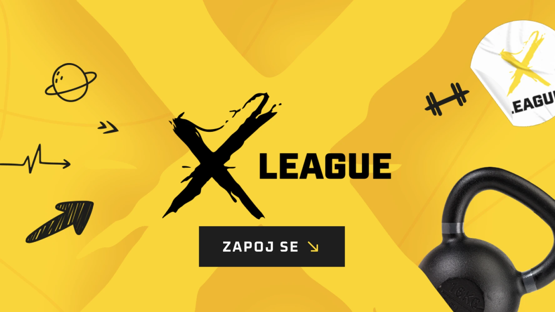 Bcrossrun X-League promo banner — yellow background with black X mark, kettlebell and ZAPOJ SE button