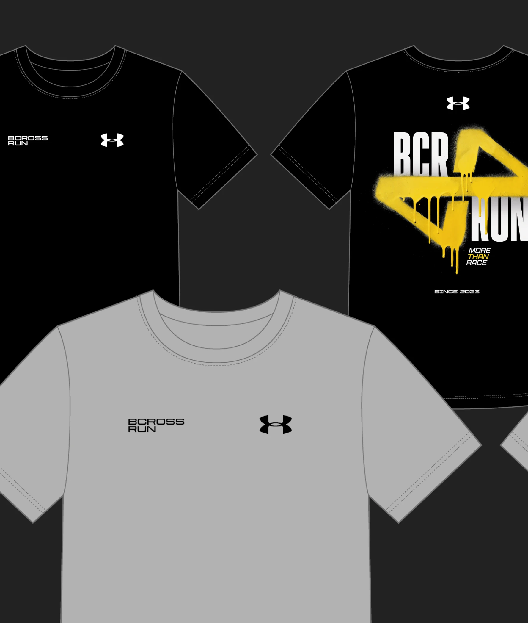 Bcross Run black T-shirt design — front with subtle logo and back with bold BCR Run yellow drip print and Under Armour branding
