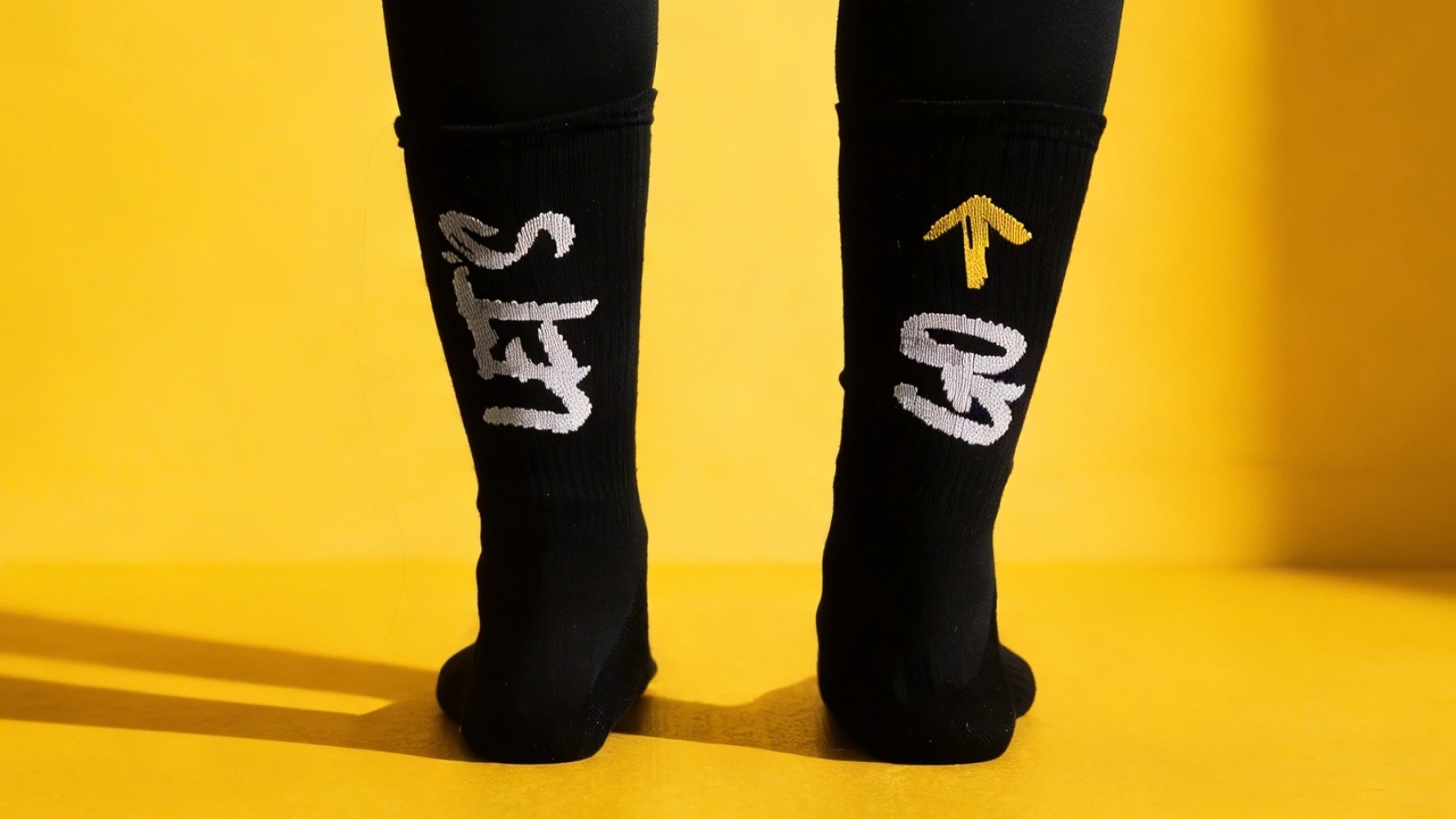 Bcross Run socks — black crew socks with LET'S GO embroidery and yellow arrow on a vibrant yellow studio backdrop