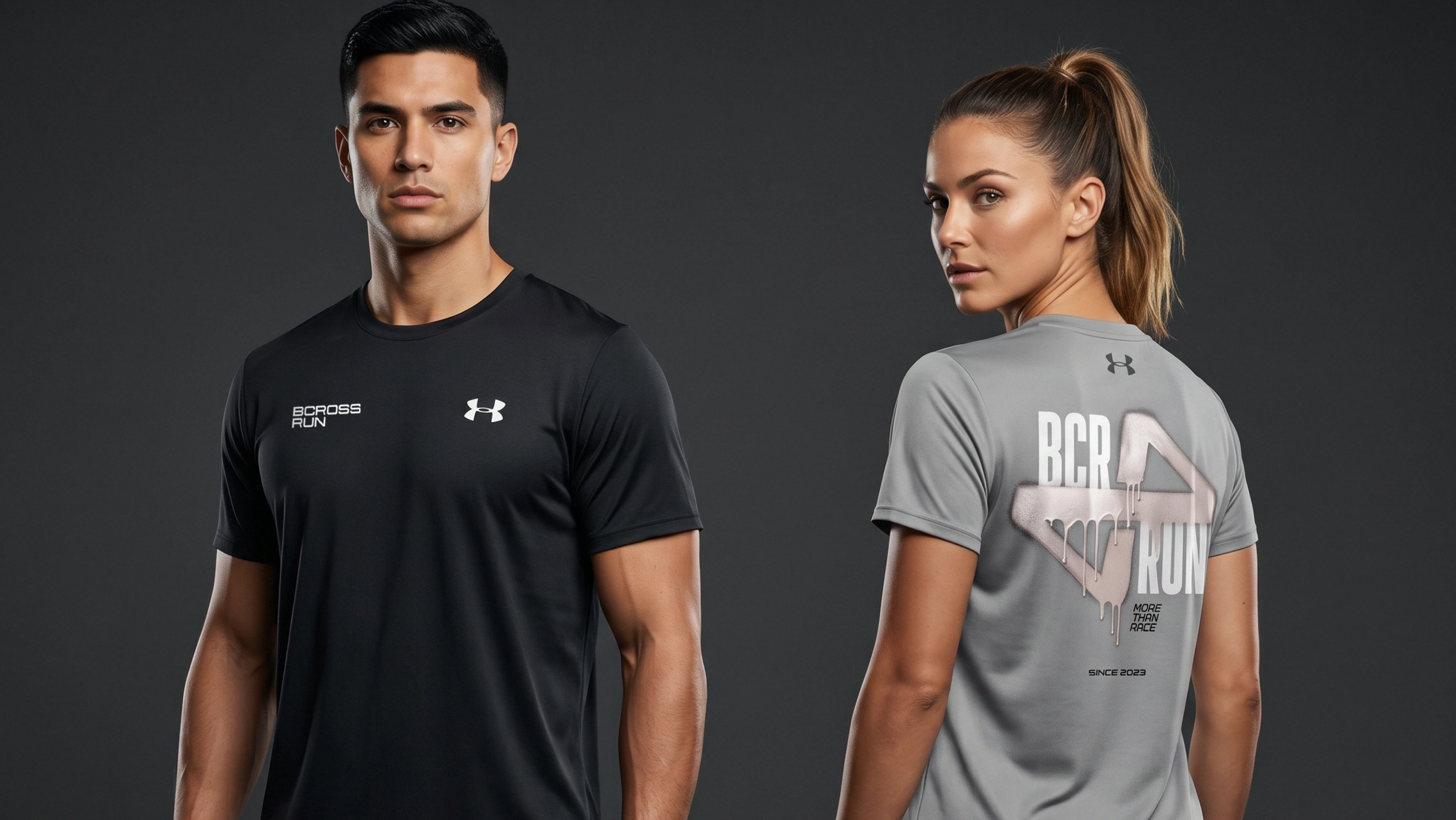 Bcross Run apparel campaign — male and female athletes wearing black and grey Under Armour BCR Run More Than Race T-shirts