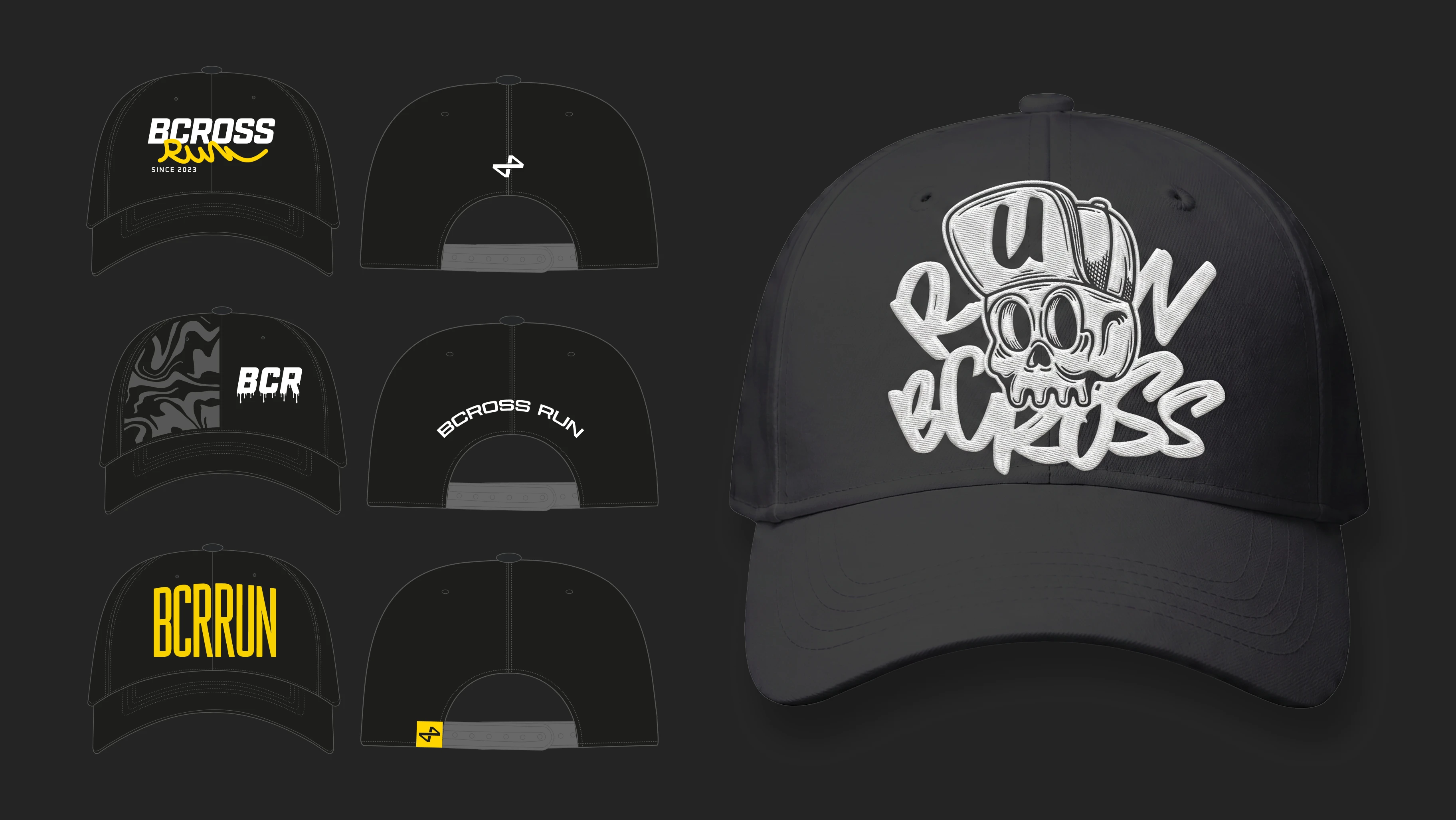 Bcross Run cap design exploration — three black baseball cap variations with BCROSS RUN, BCR drip and BCRRUN type plus the embroidered Run skull hero cap