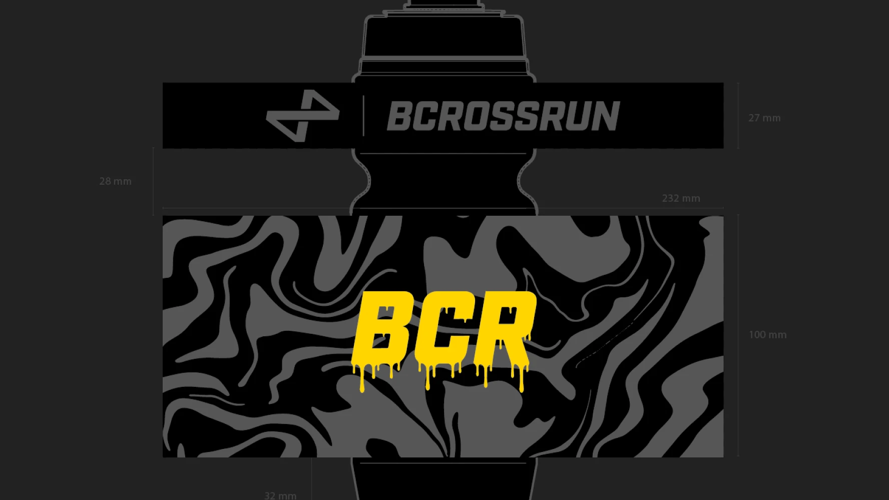 Bcrossrun water bottle wrap artwork — abstract black-and-white liquid swirl pattern with yellow BCR drip logo, dimensioned for print