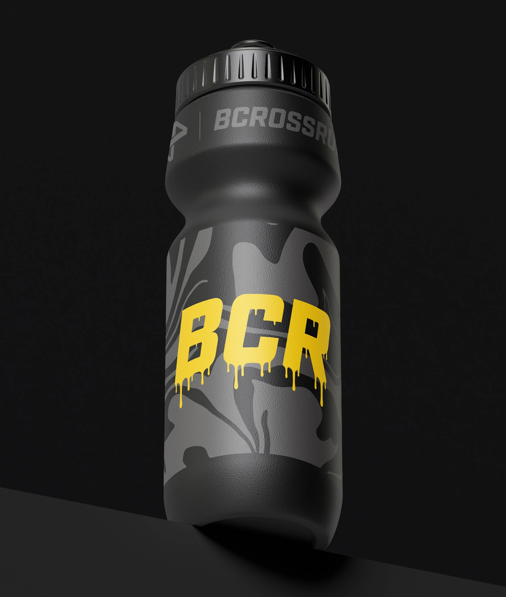 Bcrossrun water bottle product render — matte black sports bottle with yellow BCR drip logo on dark backdrop