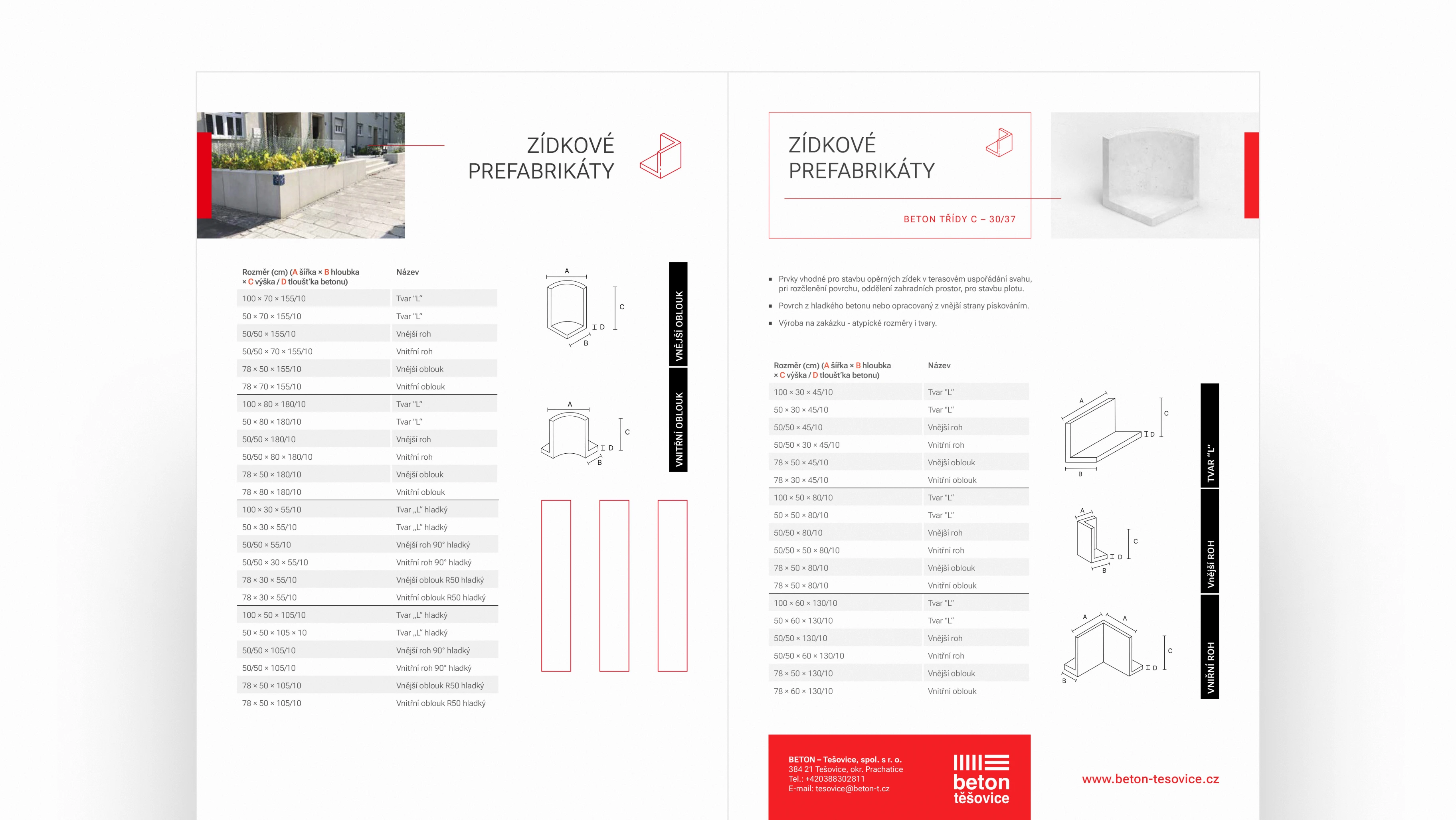 Beton Těšovice catalog spread — Zídkové prefabrikáty product pages with dimension tables, red accents and brand logo