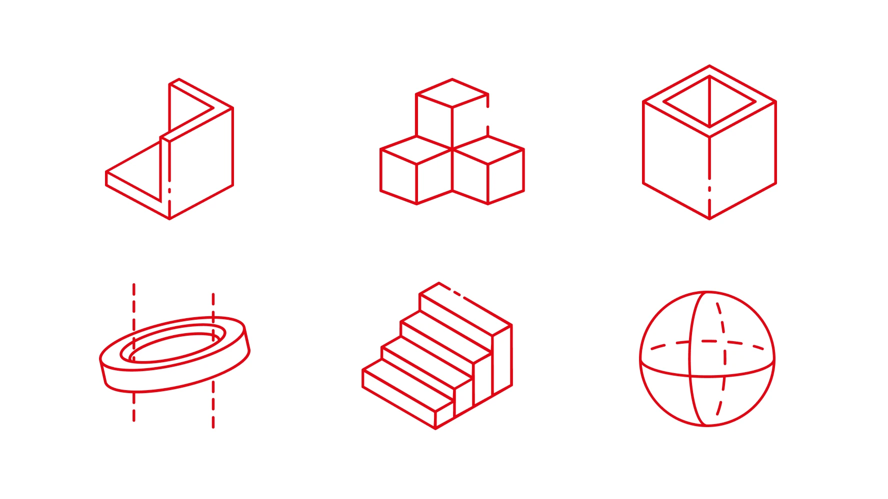 Beton Těšovice custom icon set — six red isometric line-art icons depicting concrete product shapes: L-beam, stacked blocks, open cube, ring, stairs and sphere