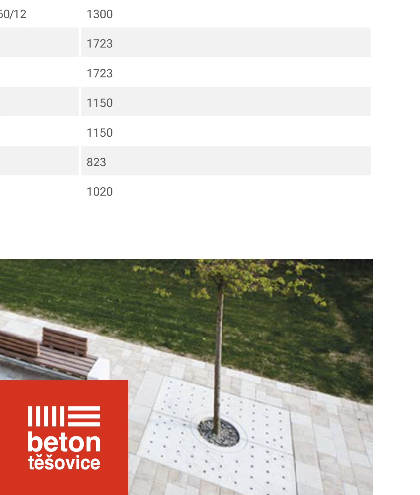 Beton Těšovice catalog page — dimension table with aerial photo of tree surrounded by concrete pavers in a public space and red brand logo