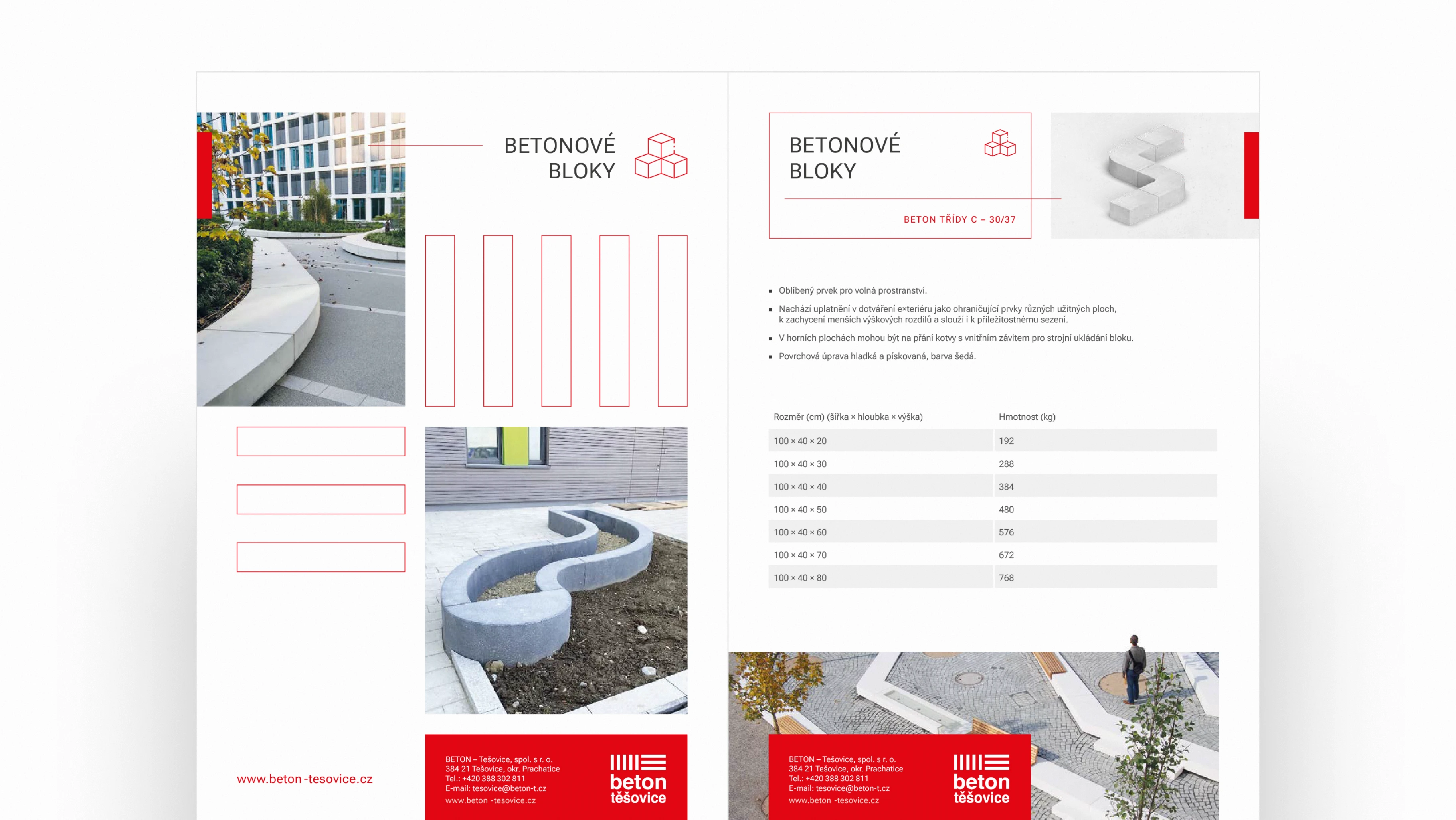 Beton Těšovice catalog spread — Betonové bloky product pages with photography of curved concrete benches in urban setting and 3D product render