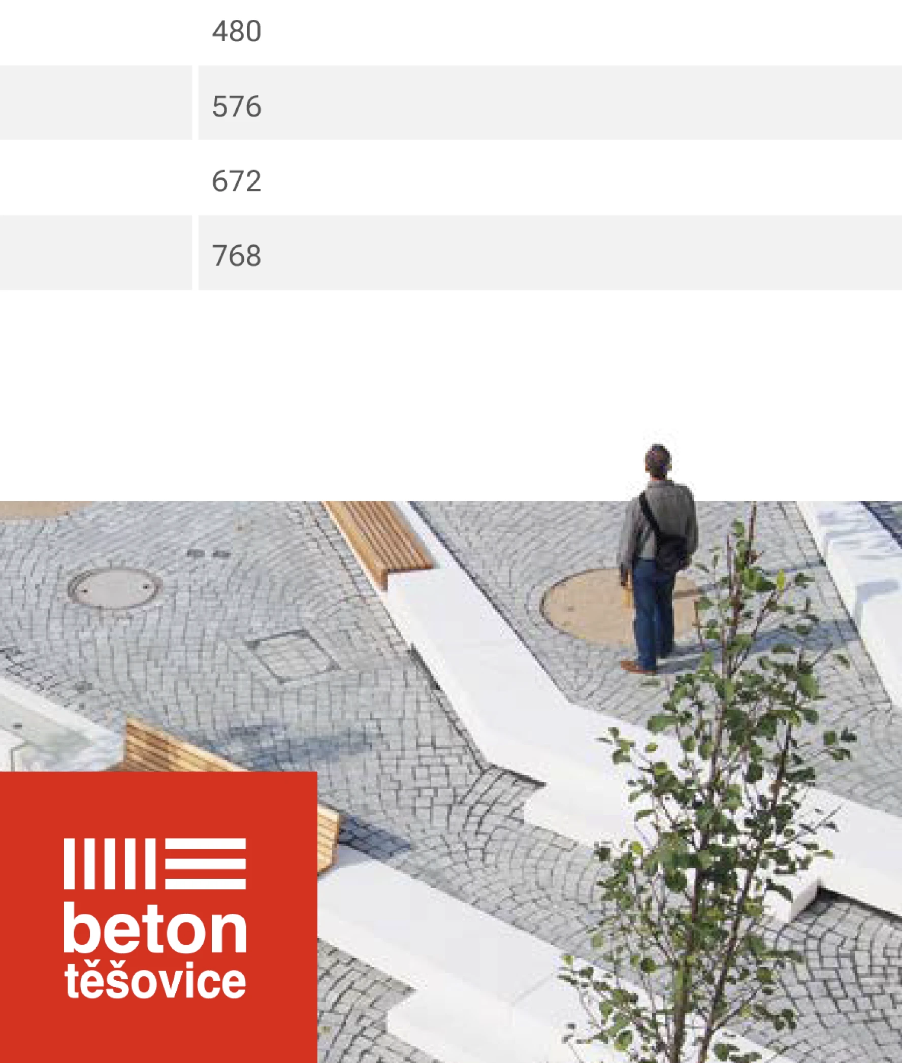 Beton Těšovice catalog page — dimension table and aerial photo of pedestrian among concrete urban elements in a cobblestone town square with brand logo