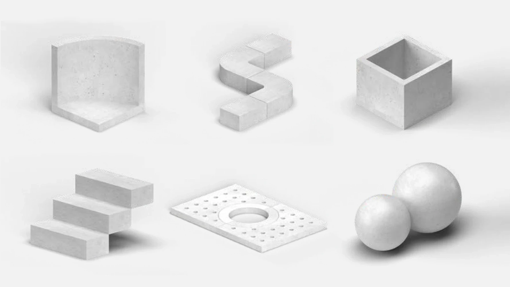 Beton Těšovice 3D product renders — six concrete elements on grey background: curved seat, S-shaped blocks, planter box, stepped slabs, perforated tree grate and spherical bollards