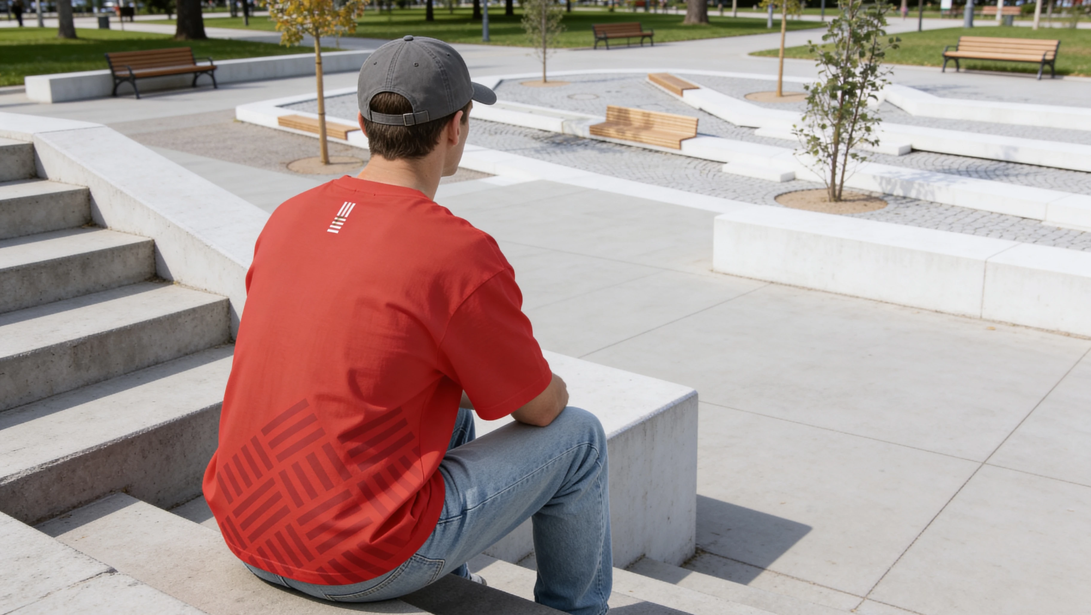 Person sitting on Beton Těšovice concrete steps in a public park wearing a red branded T-shirt, wood-insert benches and concrete urban elements visible in background
