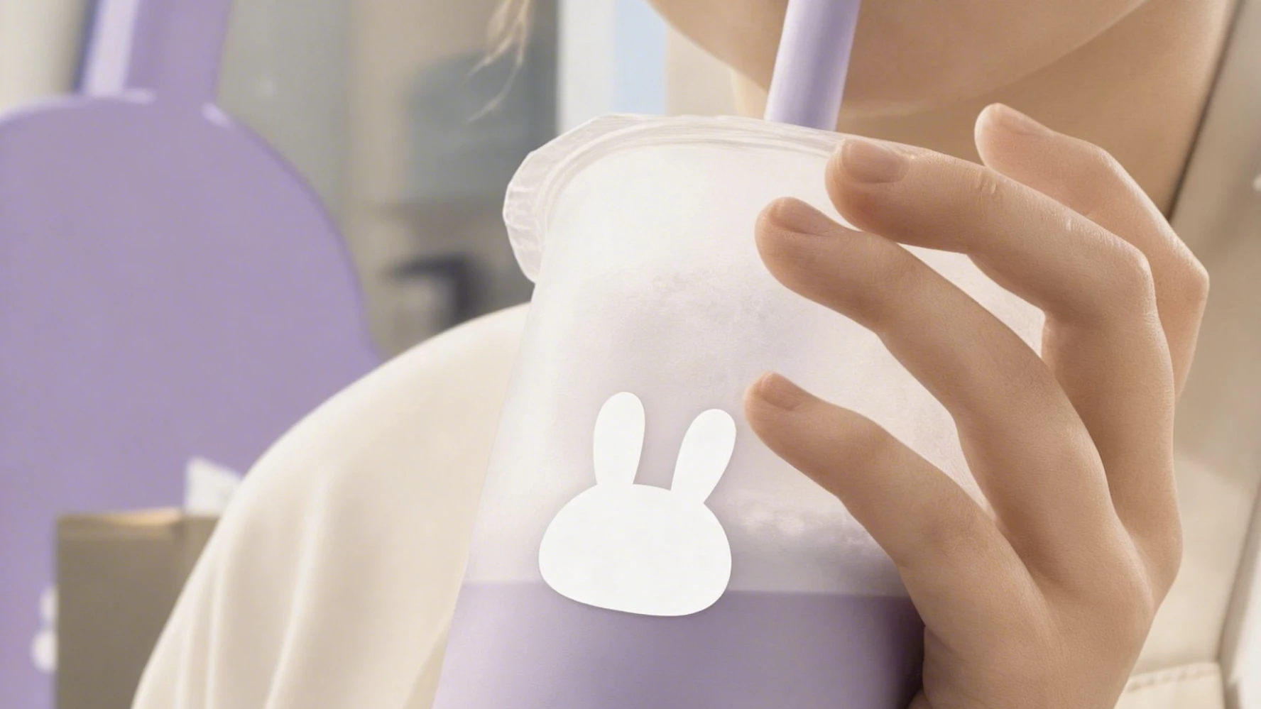 Boba tea image 2 — daisy-pattern paper carrier holding two bubble tea cups with bunny silhouettes
