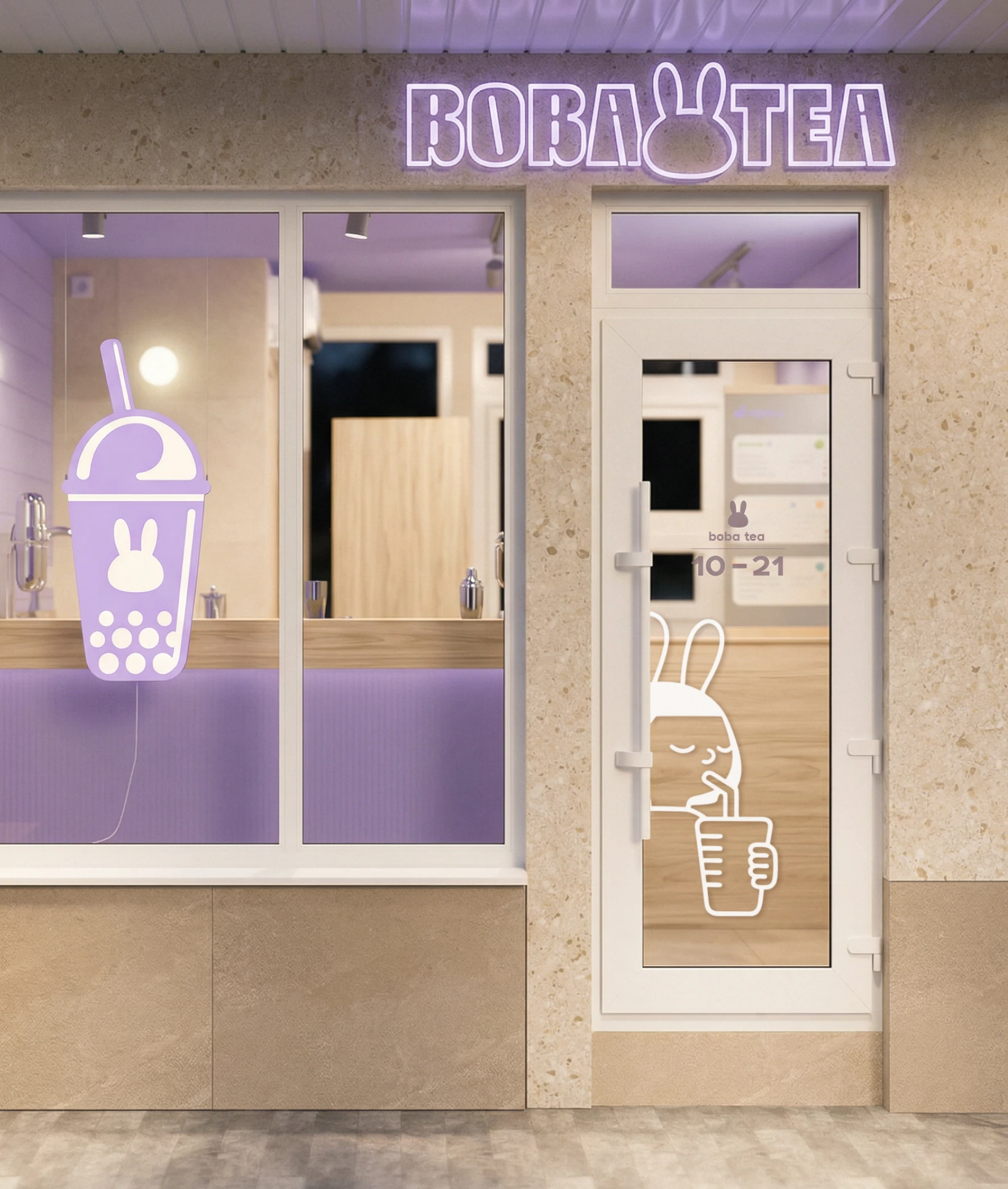 Boba tea image 12 — cafe exterior at dusk with neon BOBA TEA sign, lavender bunny-cup window decal and door graphic of bob-girl drinking