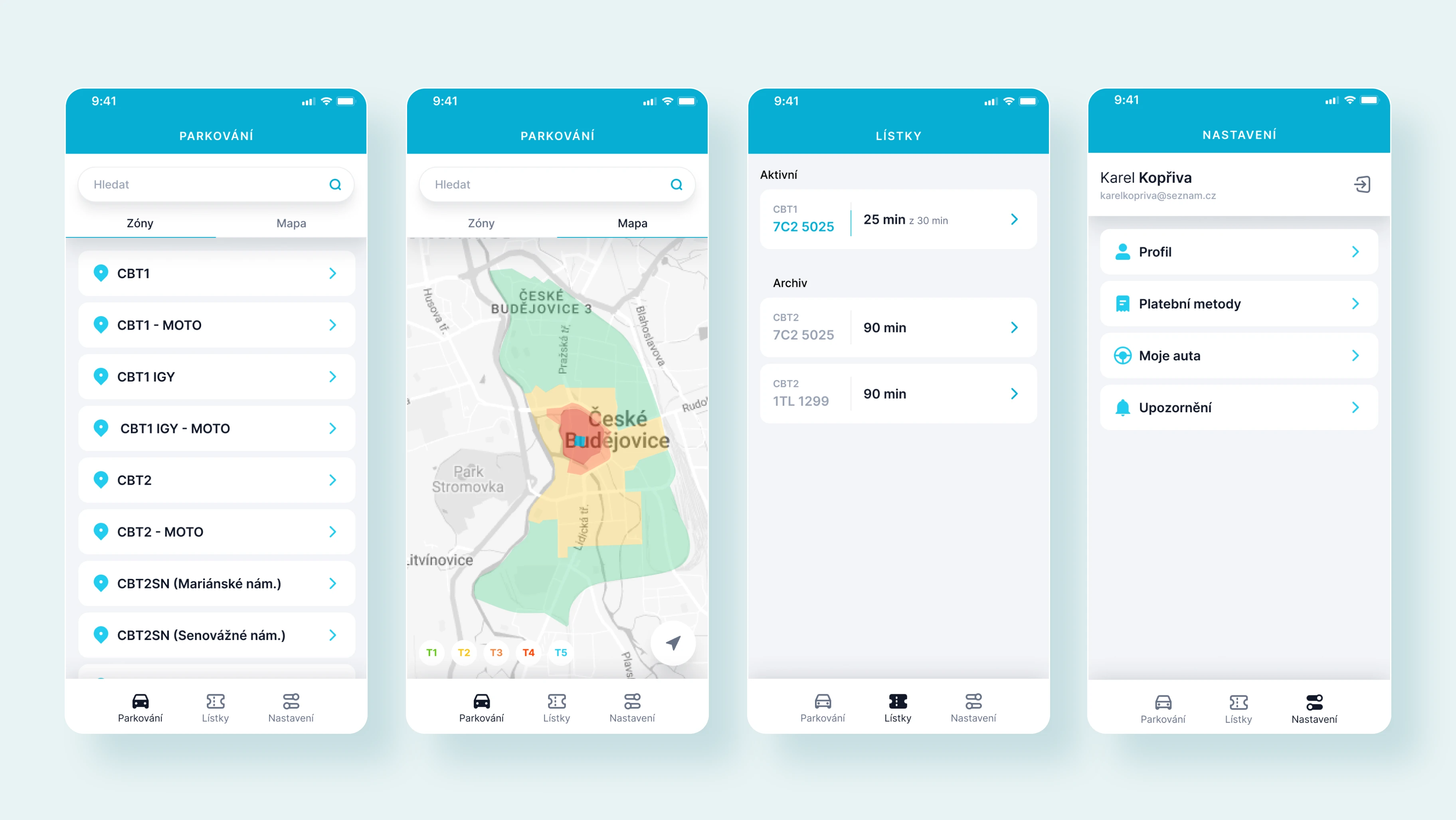 Budpark image 1 — overview of four iPhone screens showcasing Parkování zone list, map, Lístky tickets and Nastavení settings on a light teal backdrop