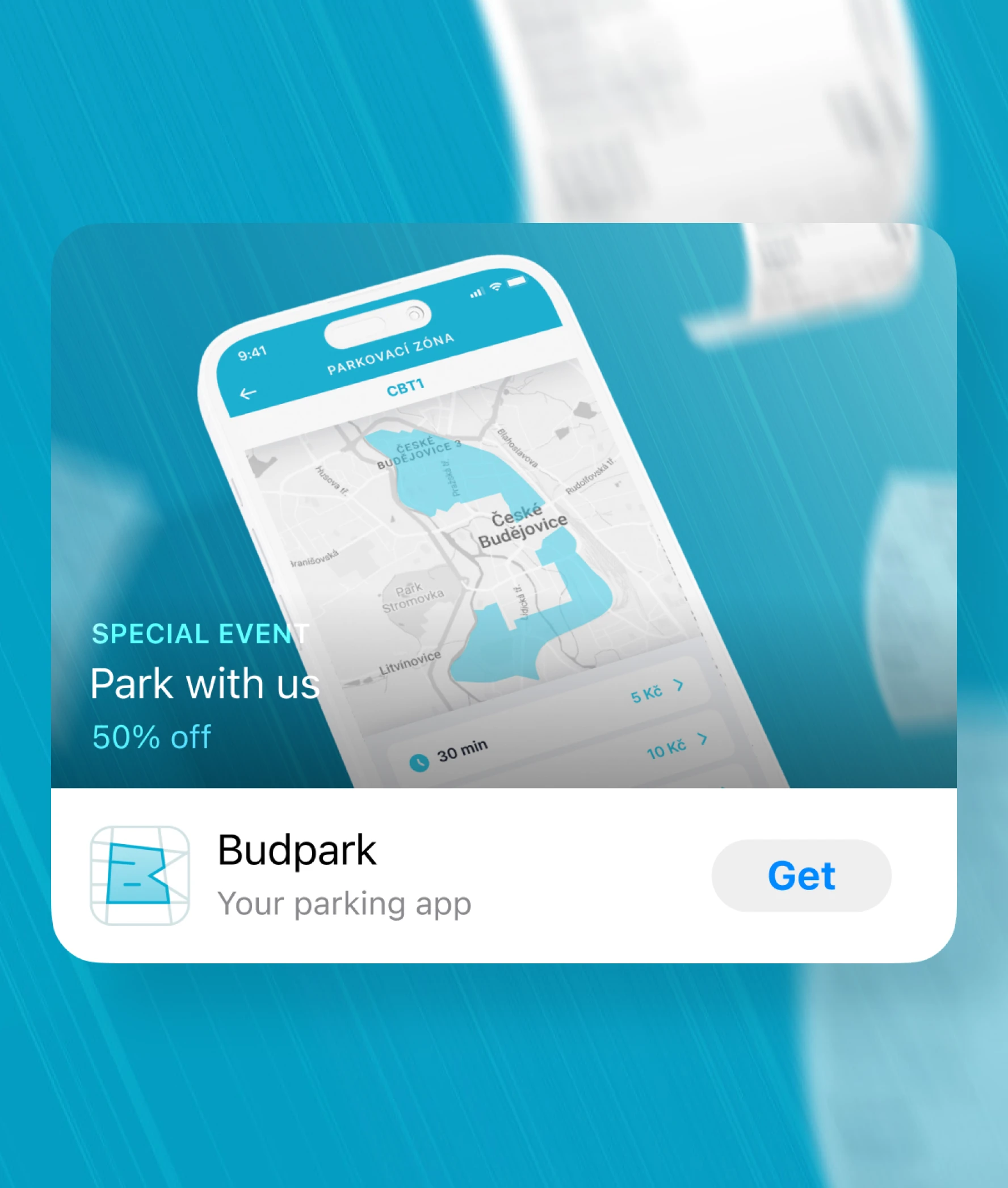 Budpark image 4 — hand holding iPhone showing the Payment Success! screen above a blurred parking lot scene with a black Opel and BUDPARK licence plate