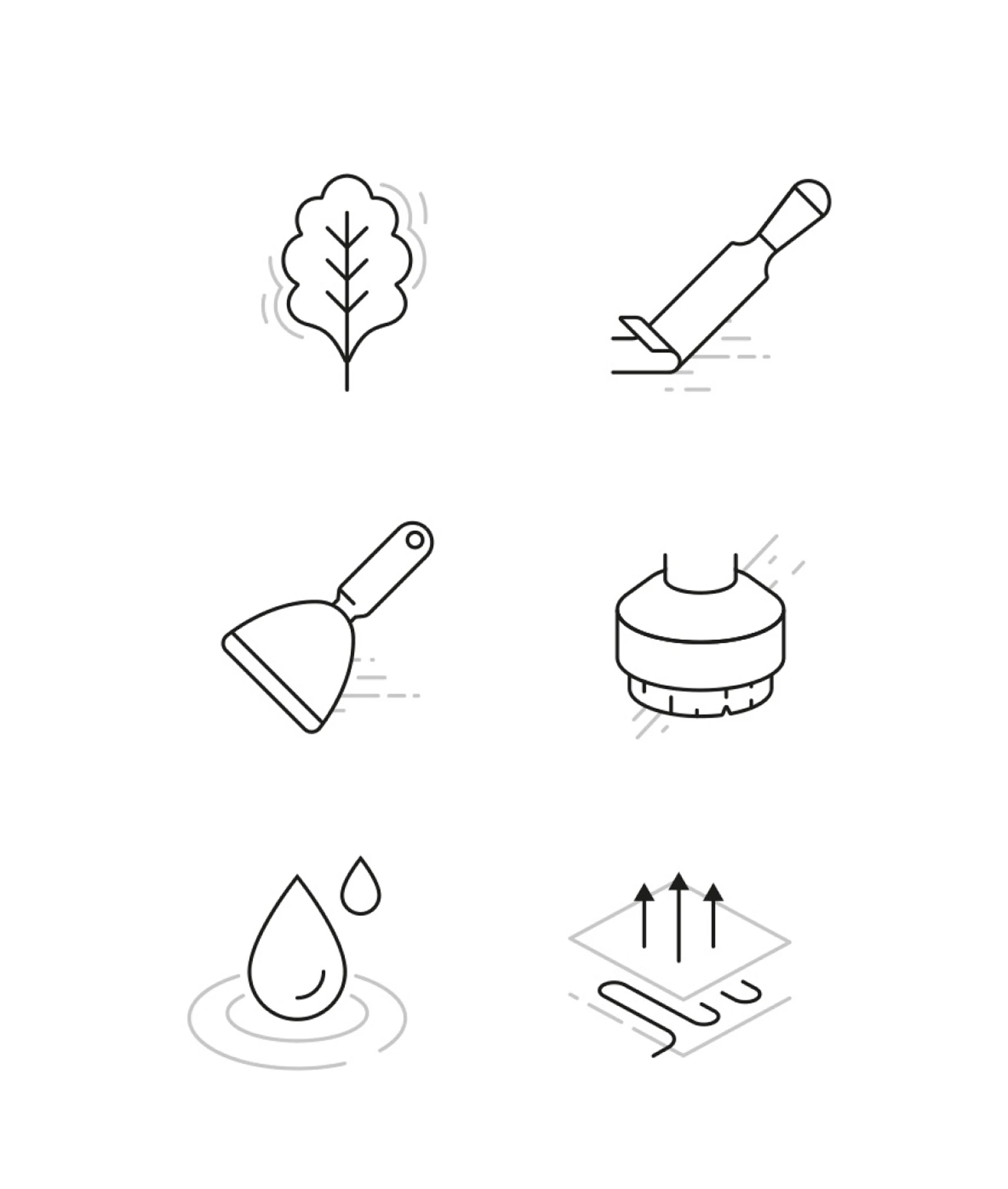 Esco catalog interior — hand-drawn icons set including oak leaf, installation tools, water resistance and underfloor heating