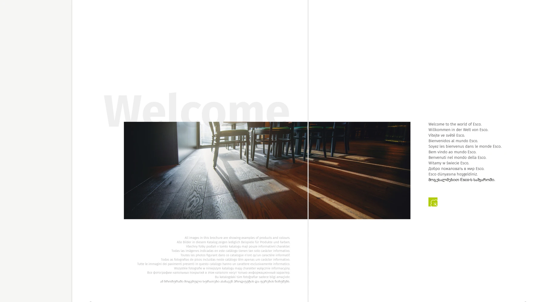 Esco catalog Welcome spread — dark oak floor photography with multilingual welcome text and Esco logo mark