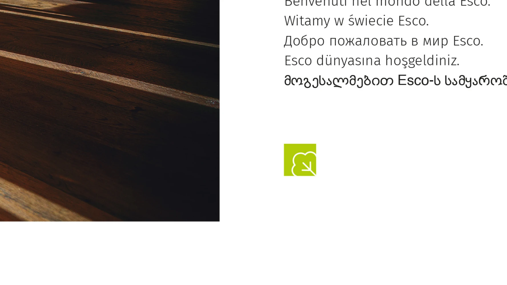Esco catalog page — close-up of dark wood grain planks with Esco brand mark