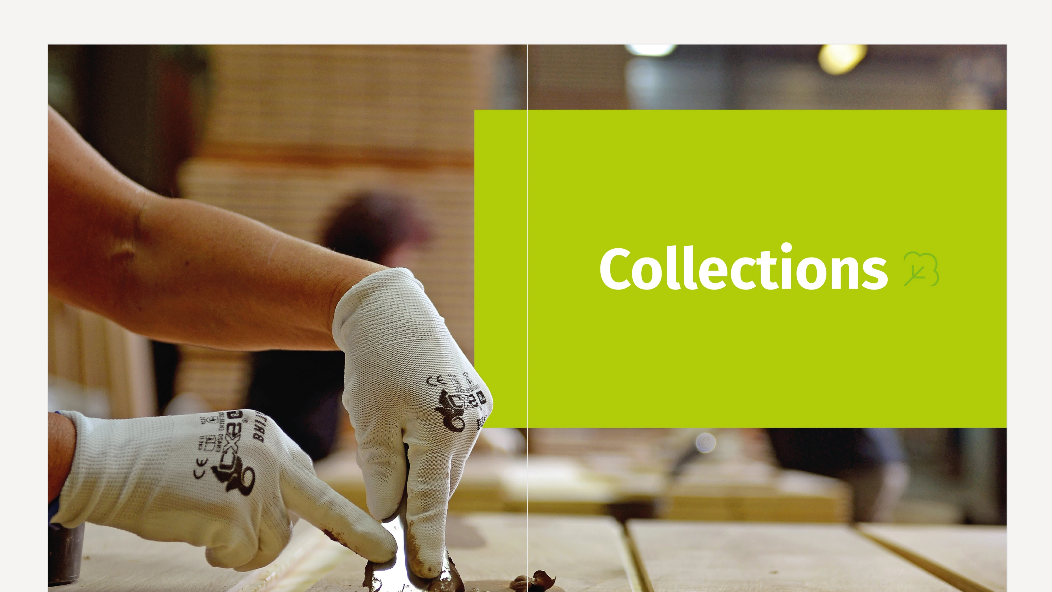 Esco Collections catalog spread — craftsman hands working on oak planks with green Collections header overlay