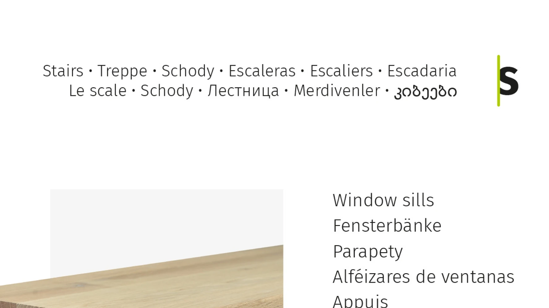 Esco catalog typography spread — Stairs section heading in ten languages with green accent bar