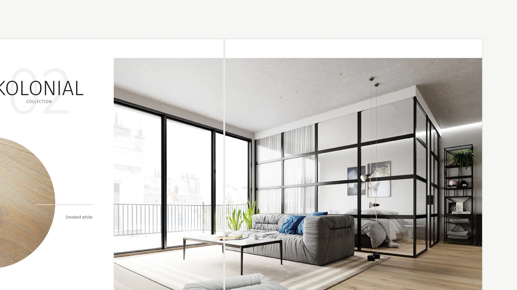 Esco Kolonial Collection catalog spread — modern apartment interior with light oak floor and collection name overlay