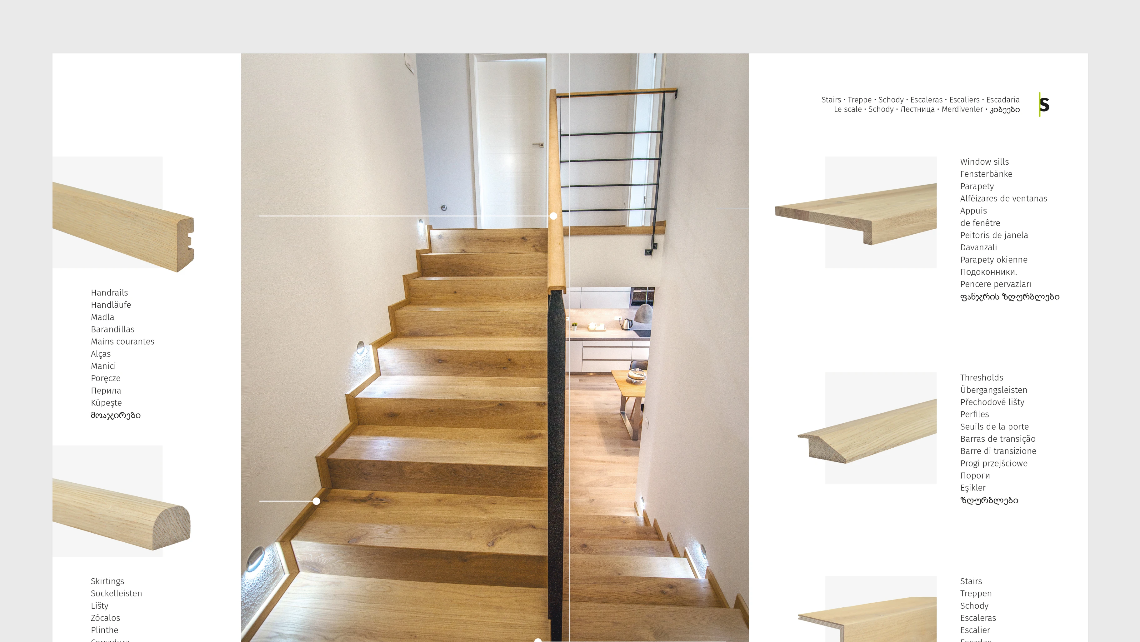 Esco catalog staircase spread — oak staircase interior photo with window sill, threshold and handrail product photography