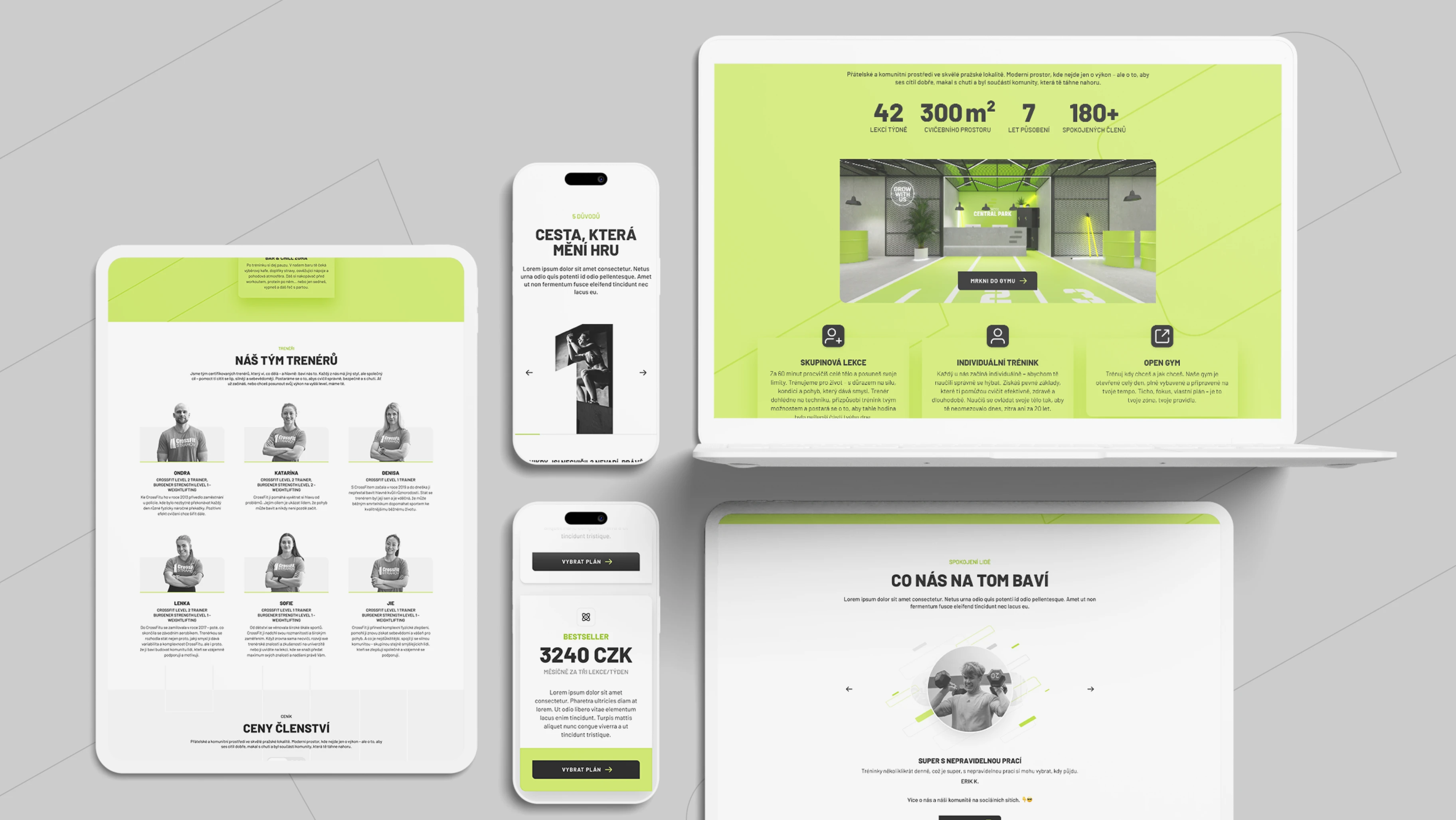 Fitness Central Park multi-device responsive design — laptop showing 42/300m²/7/180+ stats hero, iPad with trainers grid, and two iPhones with Cesta která mění hru and pricing screens