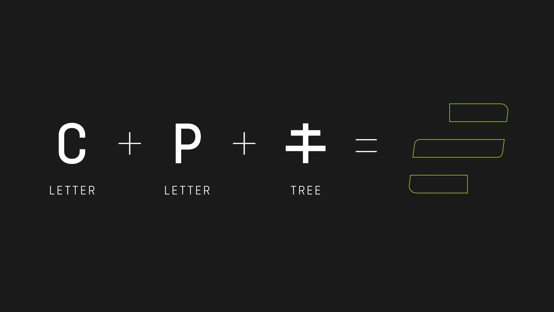 Fitness Central Park logo construction — C letter plus P letter plus tree symbol equal the green stacked three-bar F-mark on a dark backdrop