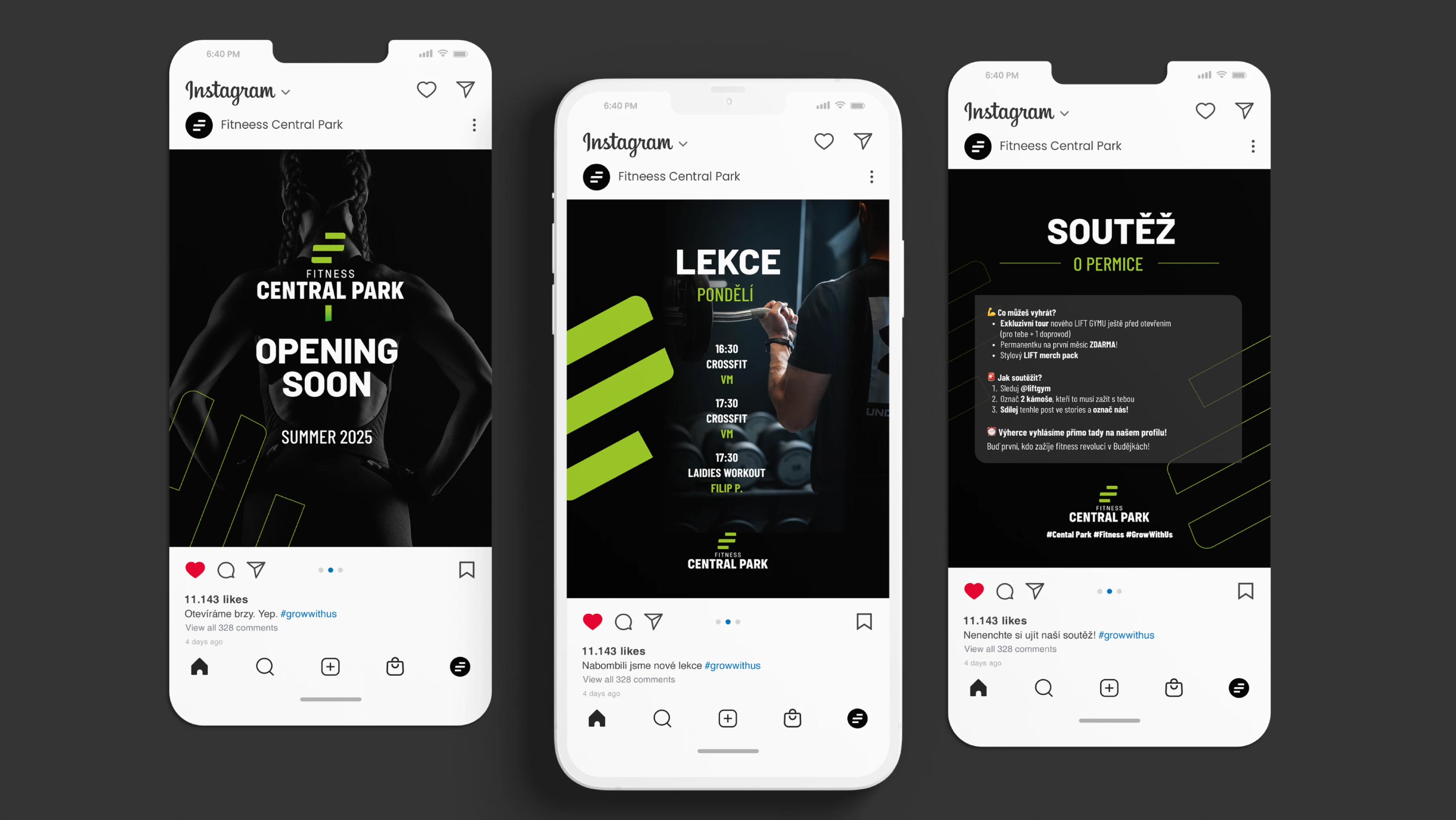 Fitness Central Park Instagram campaign — three phones showing OPENING SOON Summer 2025 reveal, LEKCE Pondělí schedule reel, and SOUTĚŽ o permici giveaway post