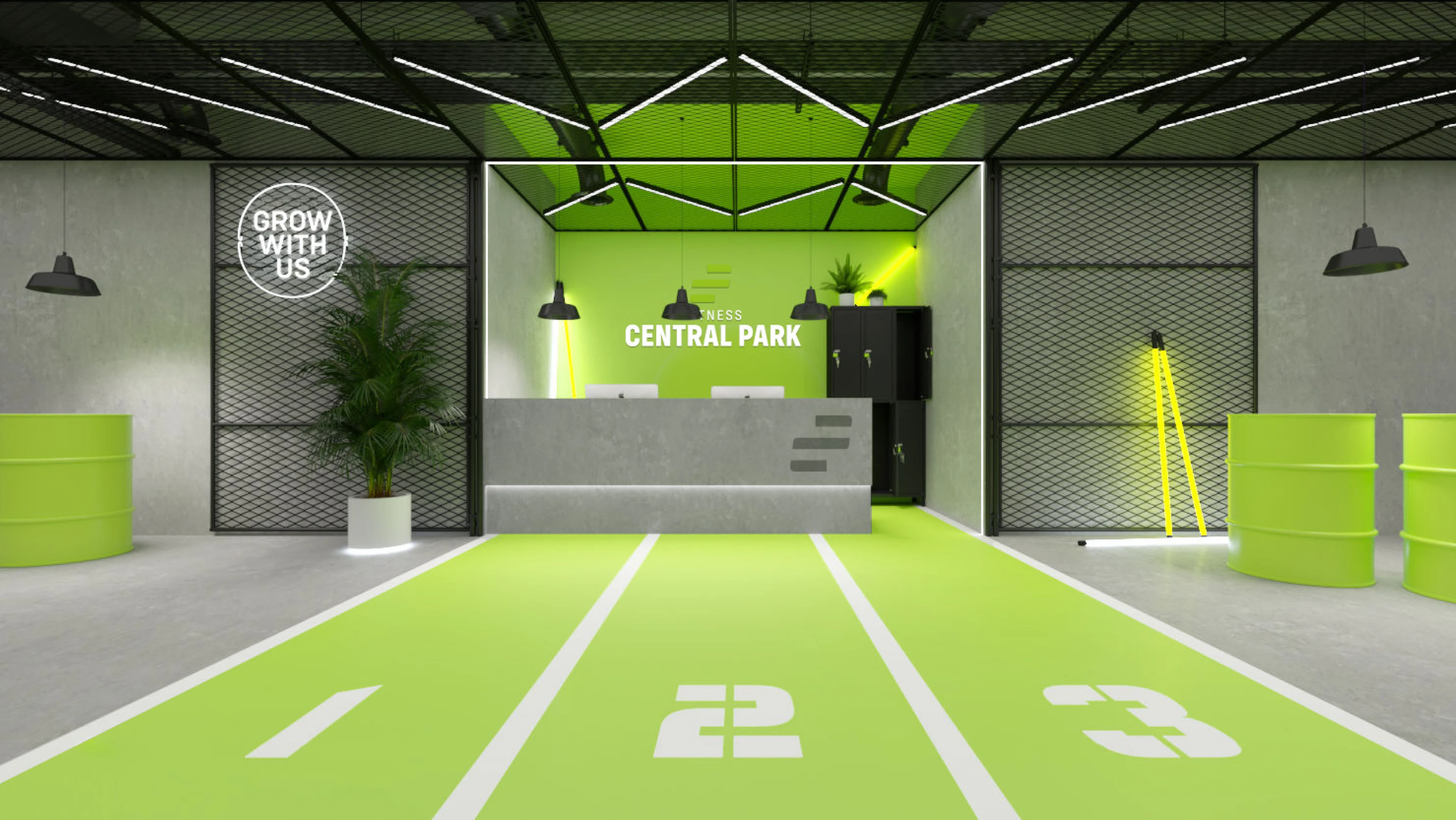 Fitness Central Park gym interior render — reception desk under suspended pendant lights with the green sprint track and lane numbers 1, 2, 3 stretching across the floor