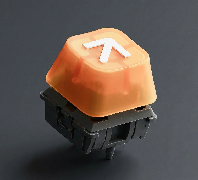 Orange translucent mechanical keycap with white arrow symbol