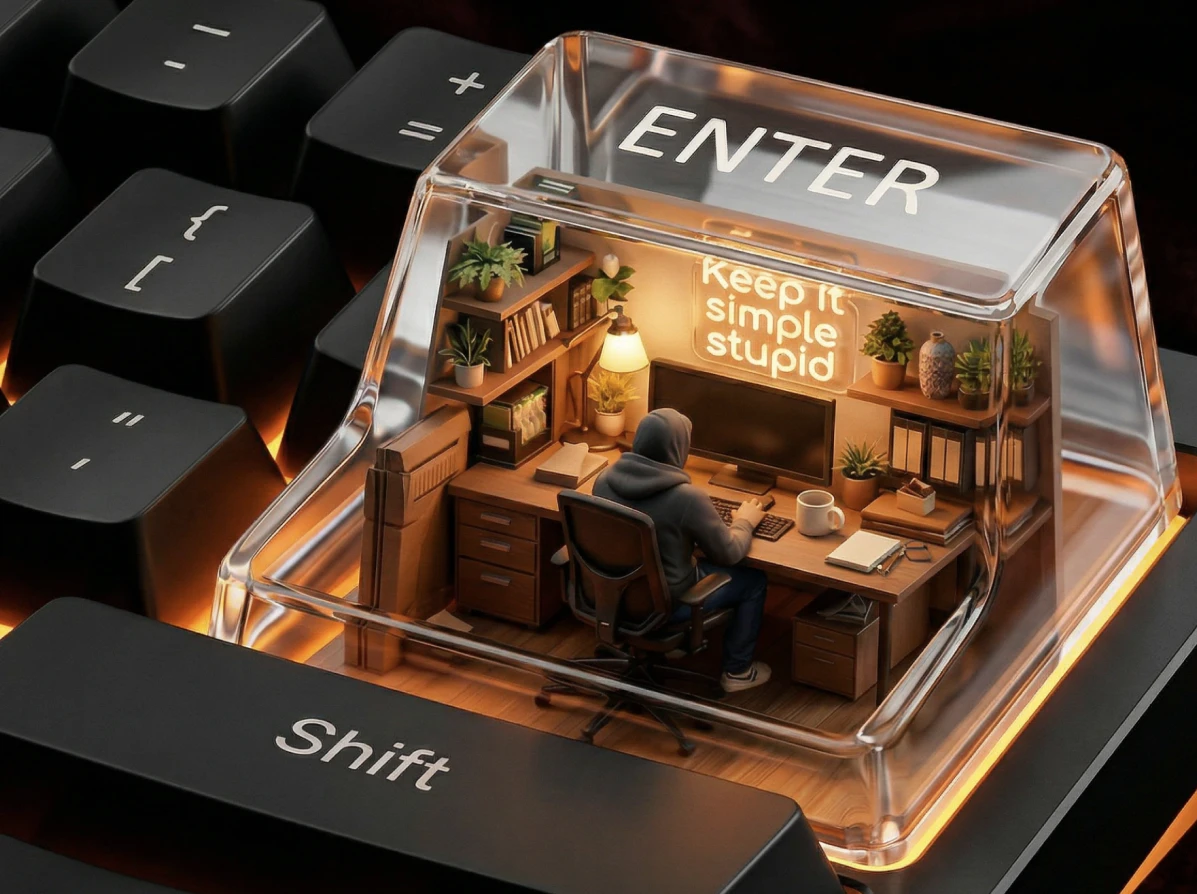 Designer working inside a tiny office under the Enter keycap with a Keep It Simple Stupid neon sign