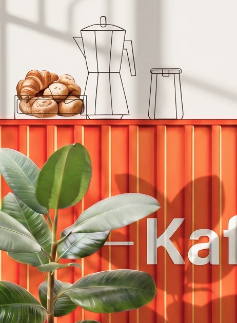 Kafaro café branding mockup with espresso pots, croissants and a rubber plant
