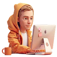 3D icon of a designer in an orange hoodie working at an iMac