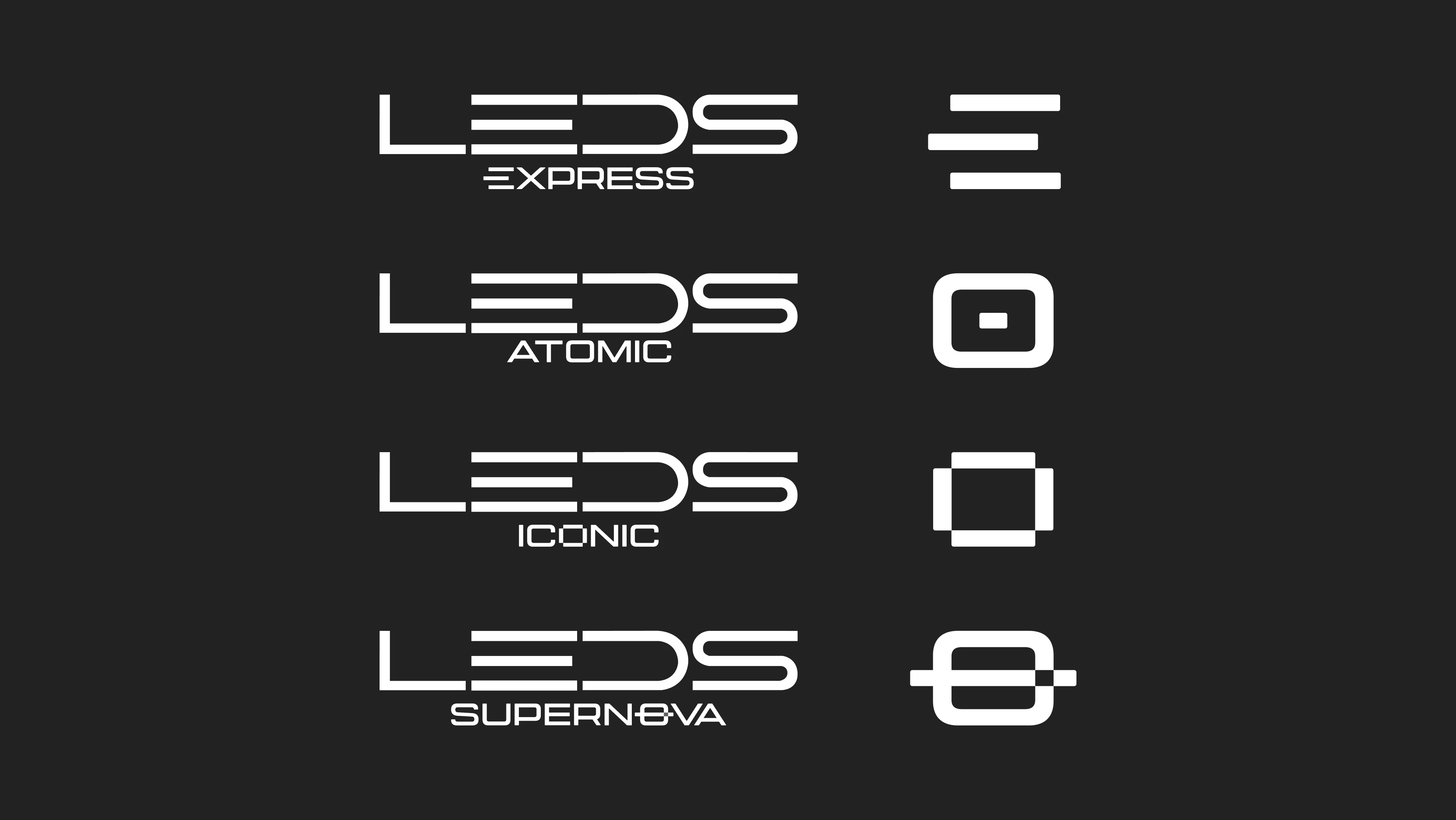 Leds Express brand system — four sub-brand logos on dark background: Express, Atomic, Iconic and Supernova, each with its own unique symbol