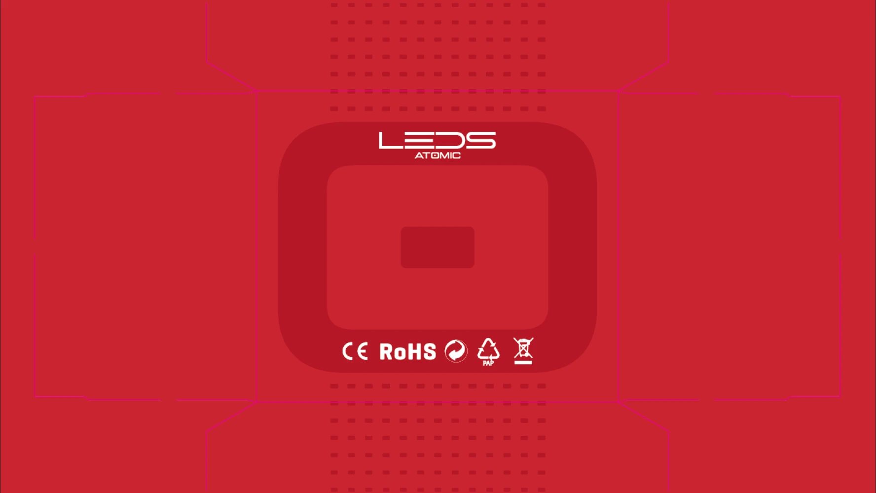 Leds Atomic packaging face — red background with dot grid pattern, Atomic square-in-square symbol and CE RoHS certification icons