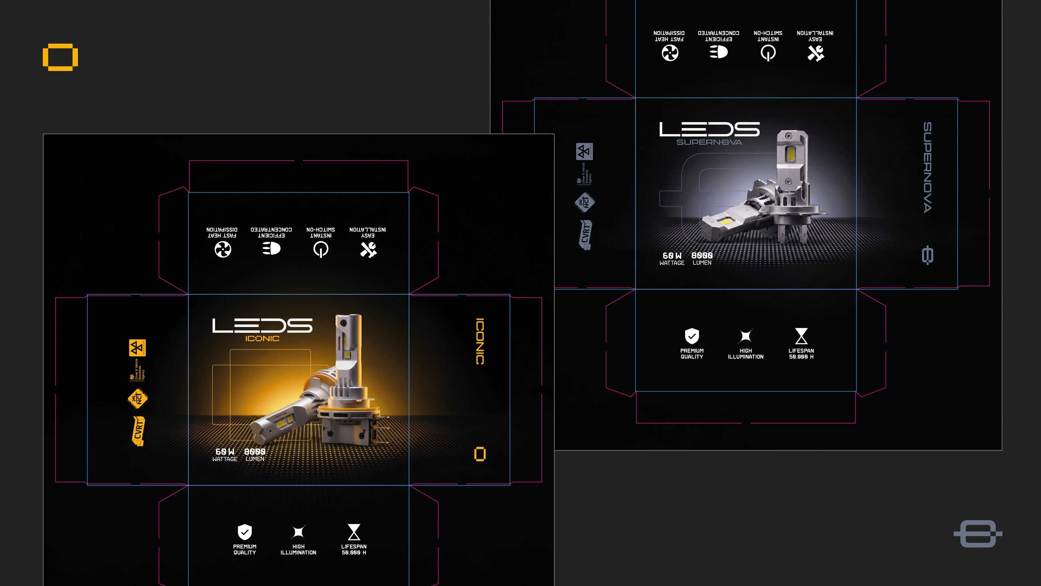 Leds Iconic and Supernova packaging dielines side by side — gold and grey colour systems showing the full unfolded box artwork for both sub-brands