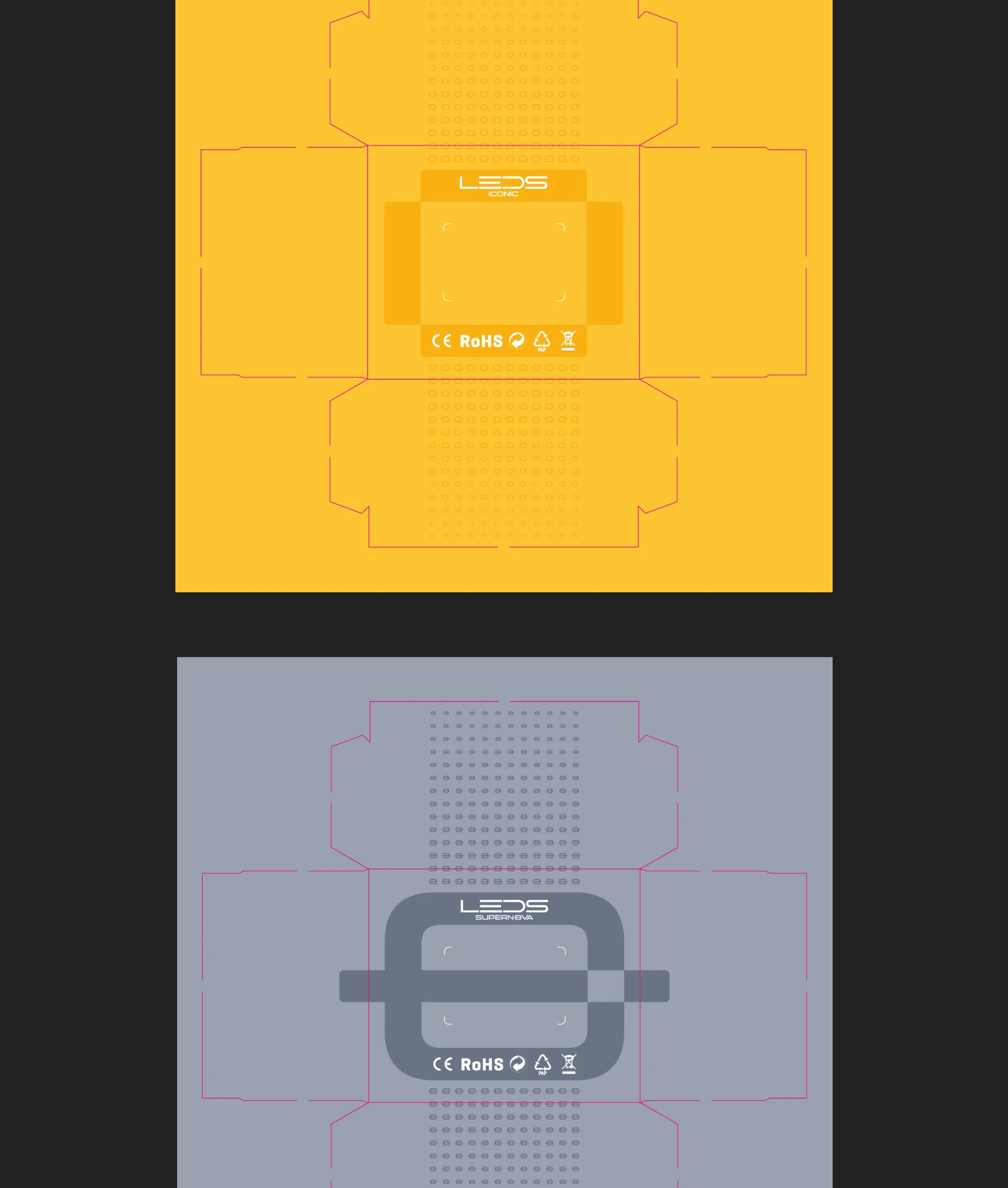 Leds Iconic (amber yellow) and Supernova (silver grey) packaging lid designs — box top layouts with dot patterns, sub-brand logos and CE RoHS certifications
