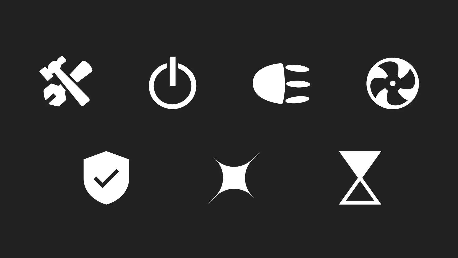 Leds Express icon system — seven white icons on dark background: installation tools, power button, headlight beam, cooling fan, quality shield, high illumination star and lifespan hourglass