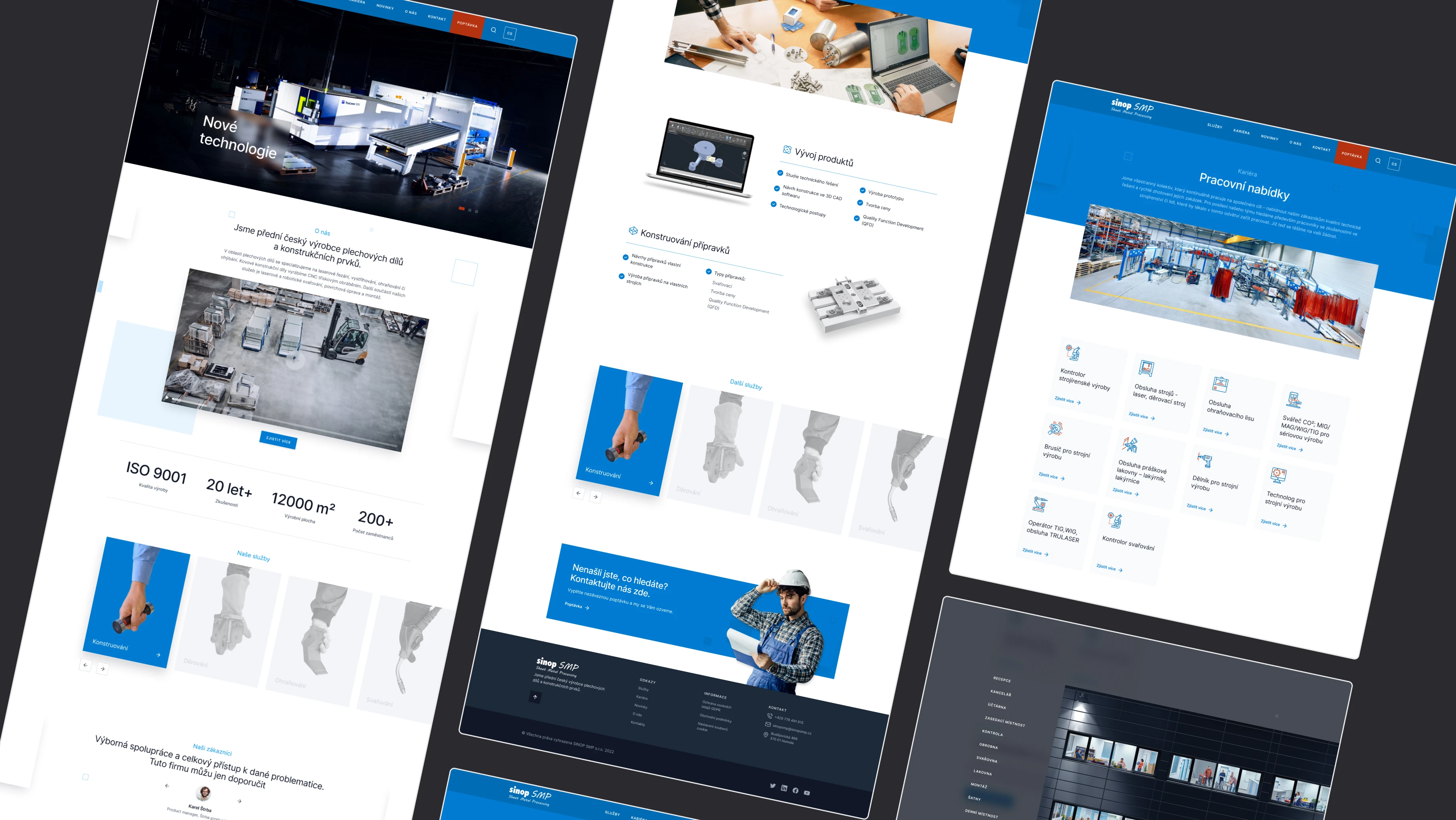 Sinop s.m.p. responsive design overview — angled collage of laptop, tablet and phone mockups showing Nové technologie hero, news section, custom service icons and Pracovní nabídky pages on a dark studio backdrop