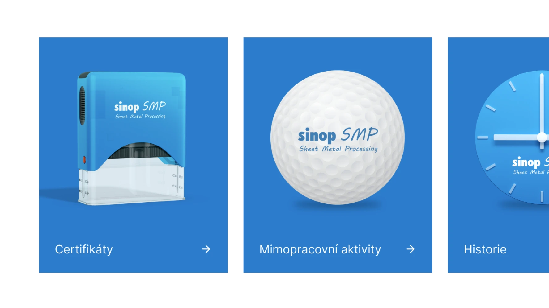 Sinop s.m.p. brand collateral cards — bright blue Certifikáty (Sinop SMP rubber stamp), Mimopracovní aktivity (golf ball) and Historie (clock) image cards