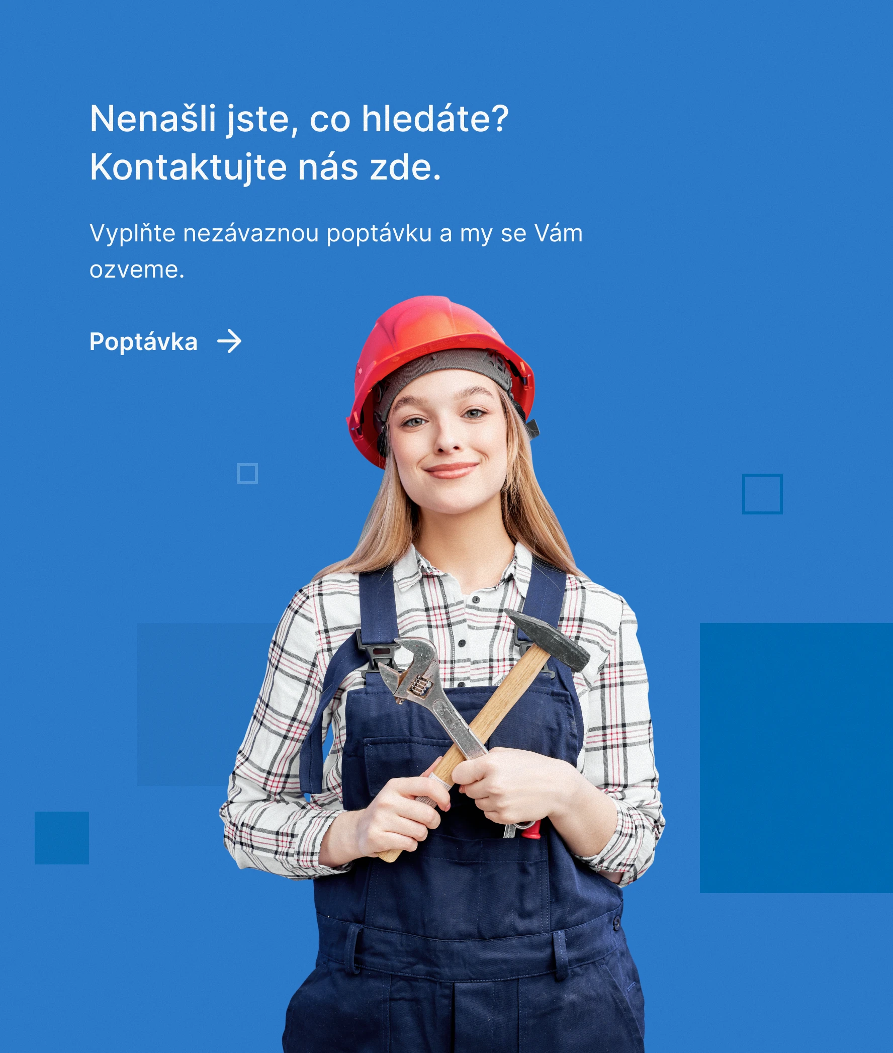 Sinop s.m.p. call-to-action panel — bright blue card with Nenašli jste, co hledáte? Kontaktujte nás zde headline, Poptávka button and a smiling female apprentice in red hardhat holding a hammer and wrench