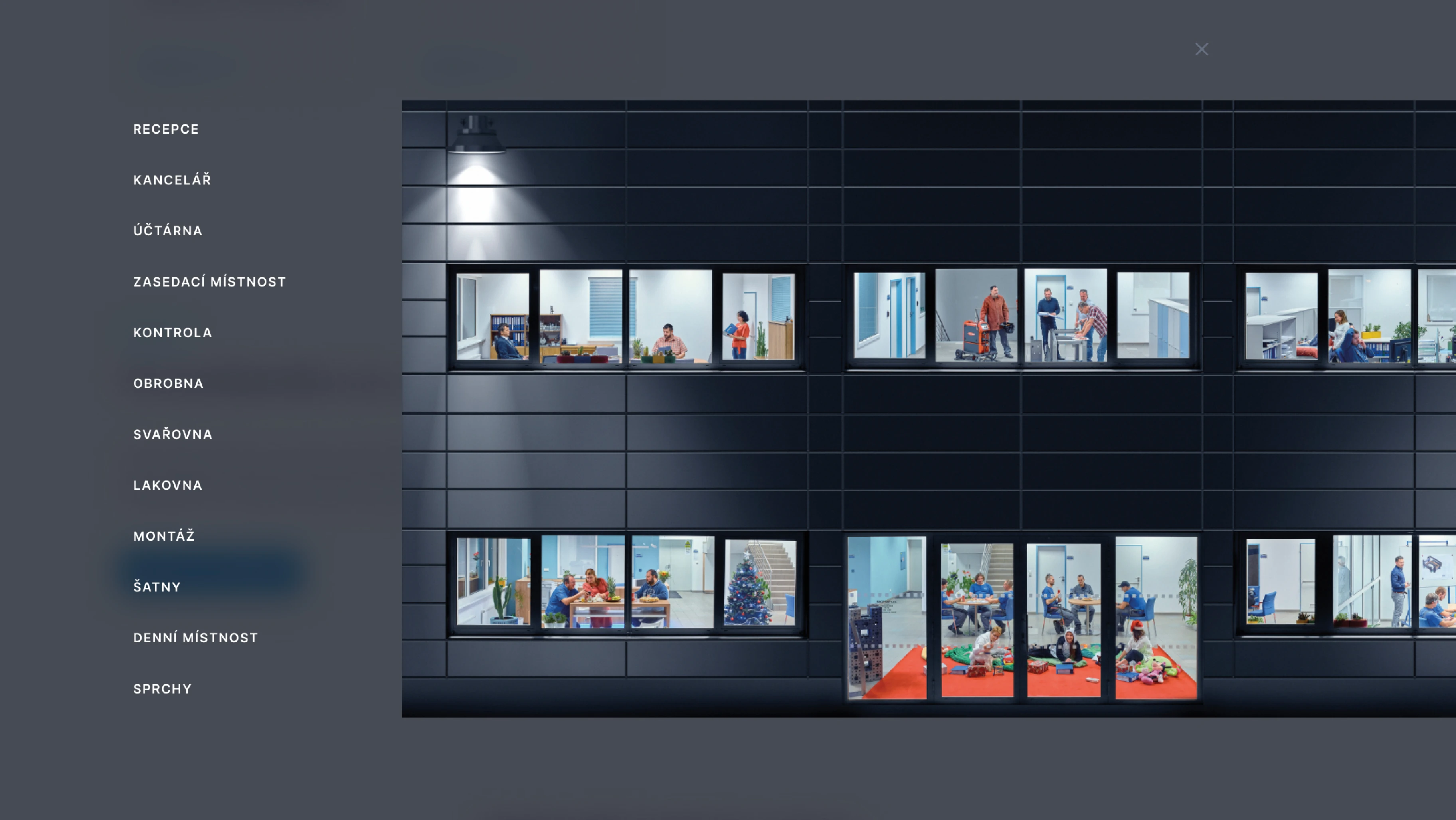 Sinop s.m.p. interactive factory tour — dark facility wall with backlit windows revealing Recepce, Kancelář, Účtárna, Zasedací místnost, Kontrola, Obrobna, Svařovna, Lakovna, Montáž, Šatny, Denní místnost and Sprchy rooms