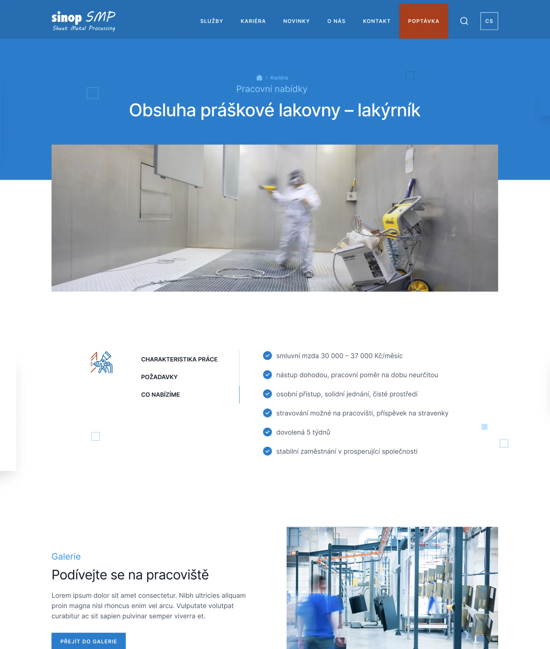 Sinop s.m.p. job posting page — Obsluha práškové lakovny — lakýrník iPad mockup with hero photo of paint booth, Charakteristika práce, Požadavky and Co nabízíme bullet lists, plus Galerie workplace gallery