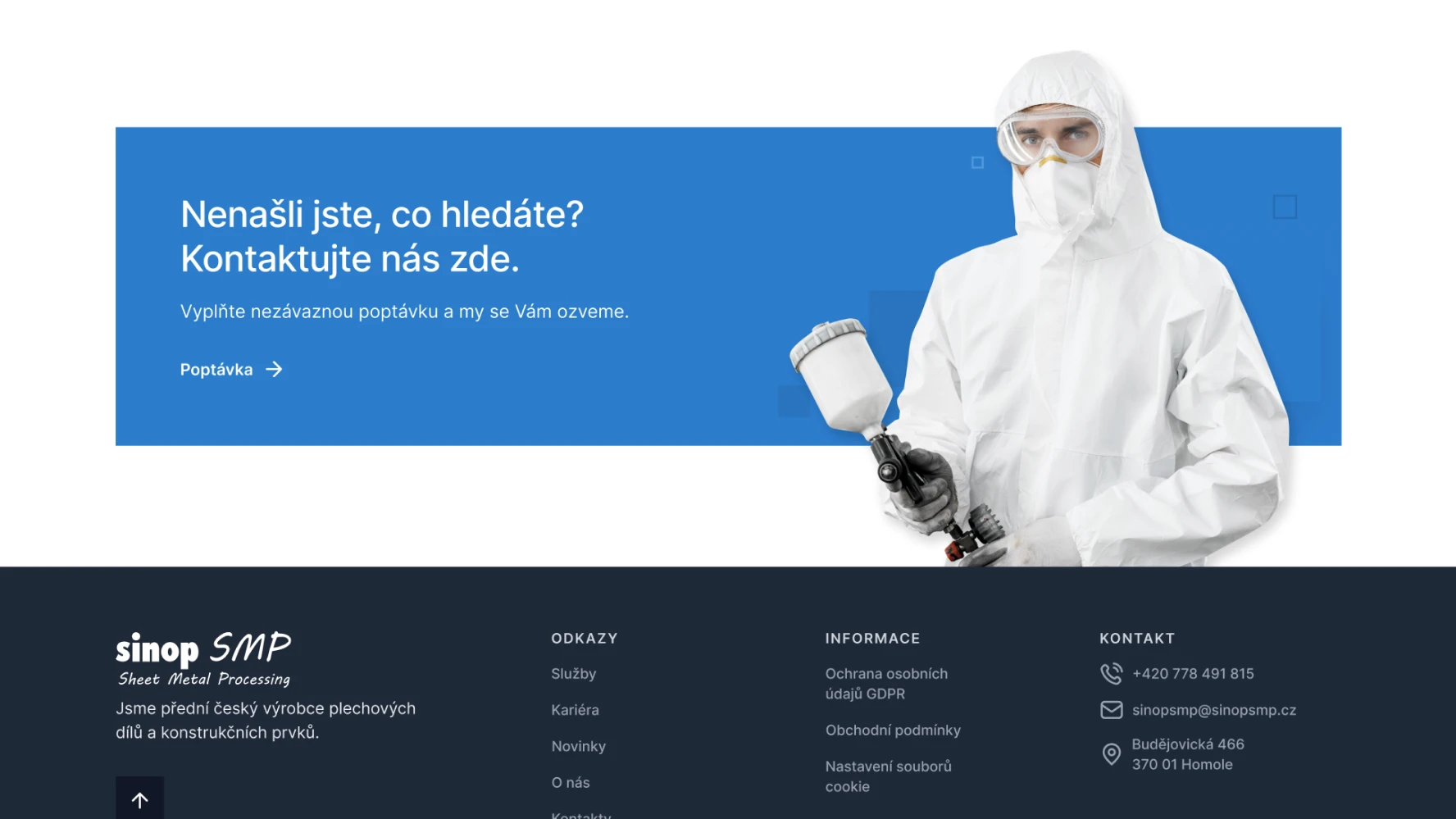 Sinop s.m.p. contact callout — Nenašli jste co hledáte? dark blue panel with Poptávka button and male worker in white hazmat suit holding a paint spray gun