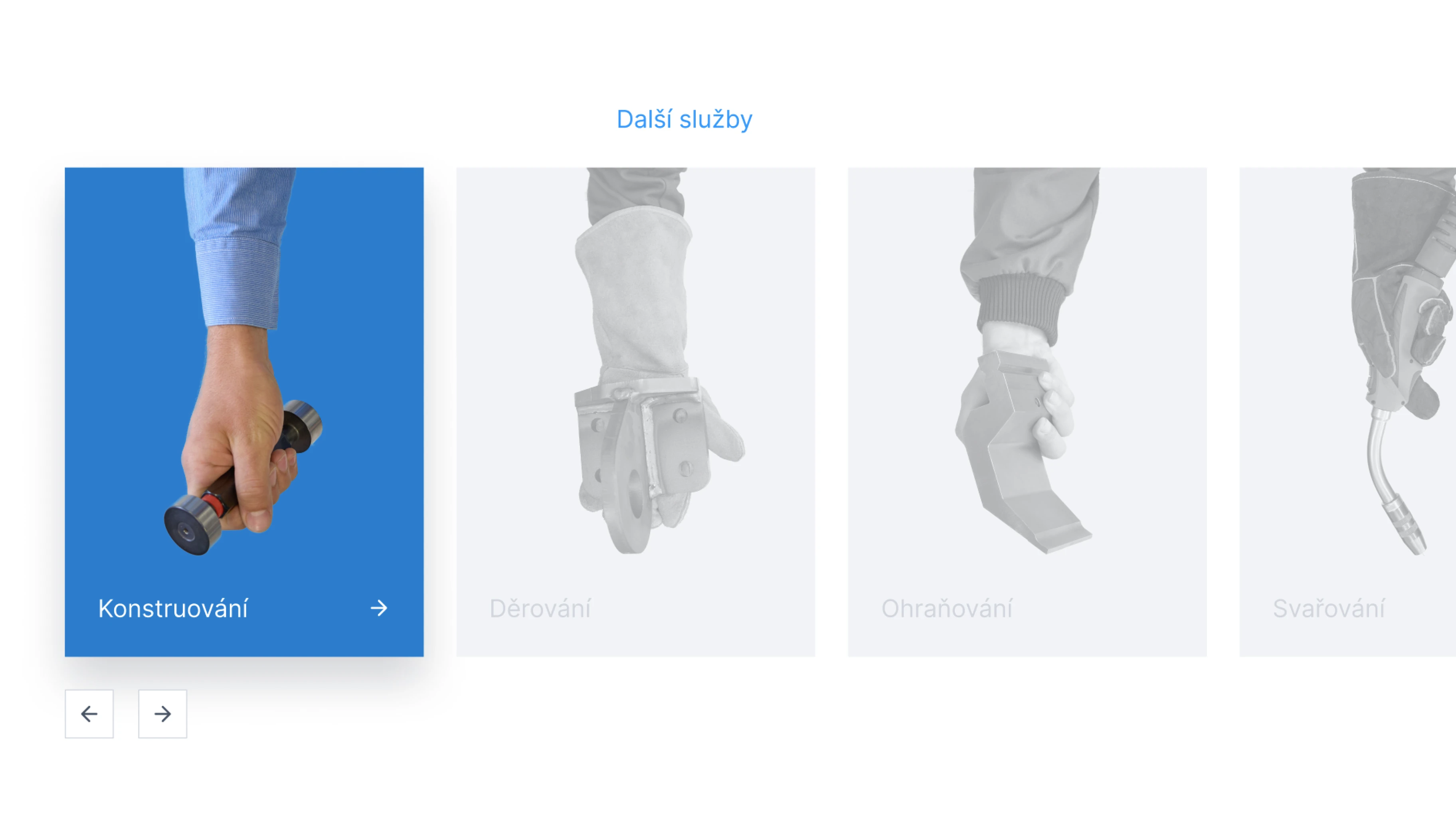 Sinop s.m.p. Další služby section — wide row of four service cards (Konstruování active blue, Děrování, Ohraňování, Svařování) with gloved hands product photography on a light backdrop
