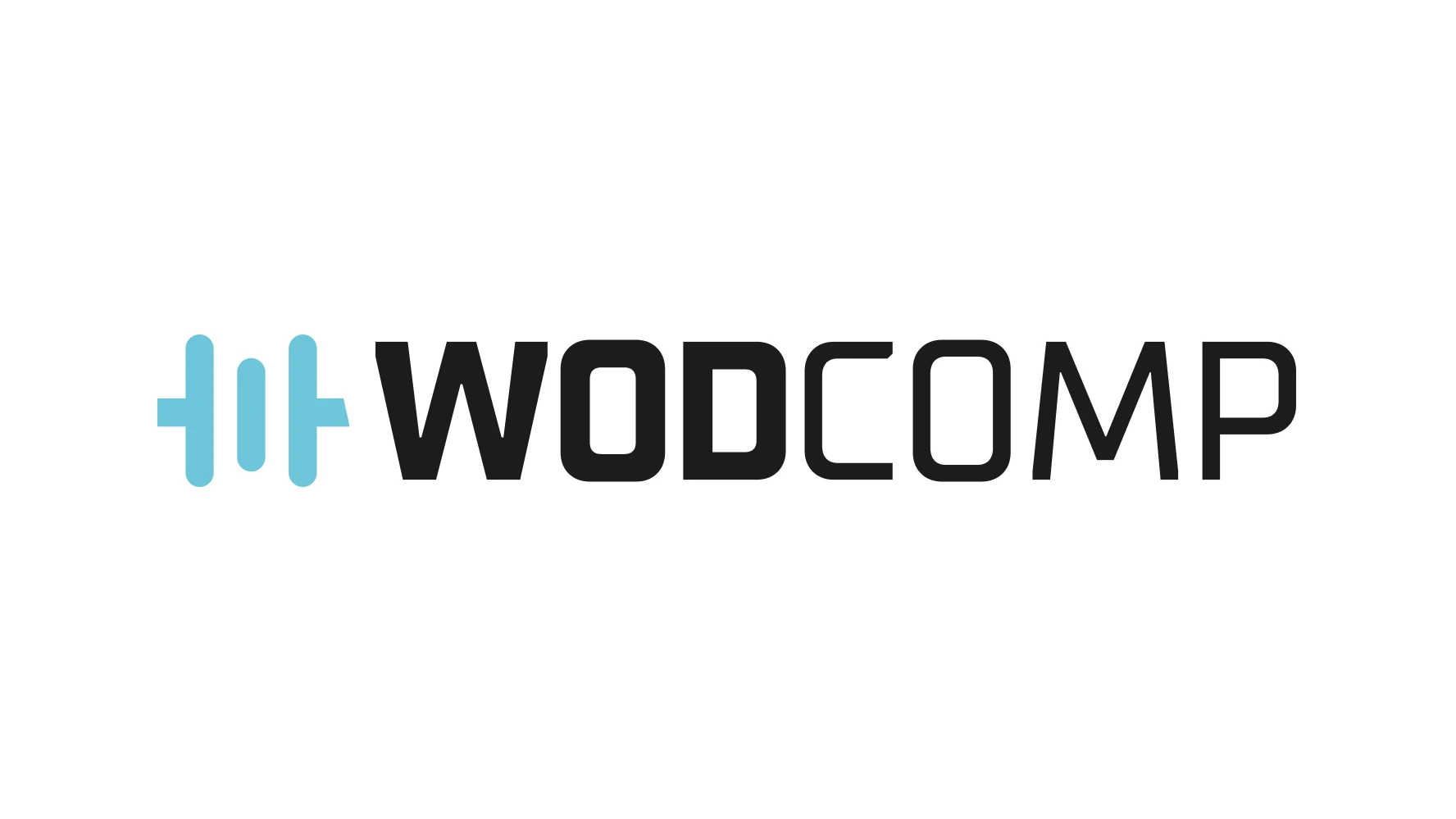 Wodcomp wordmark on white — Viking-blue dumbbell-grip logomark beside the black WODCOMP wordmark