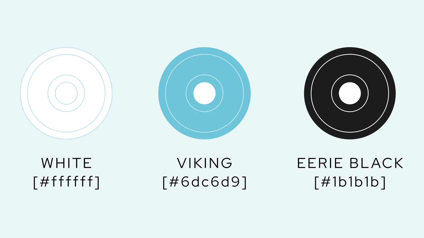 Wodcomp brand colour palette — White #FFFFFF, Viking #6DC6D9 and Eerie Black #1B1B1B disc swatches